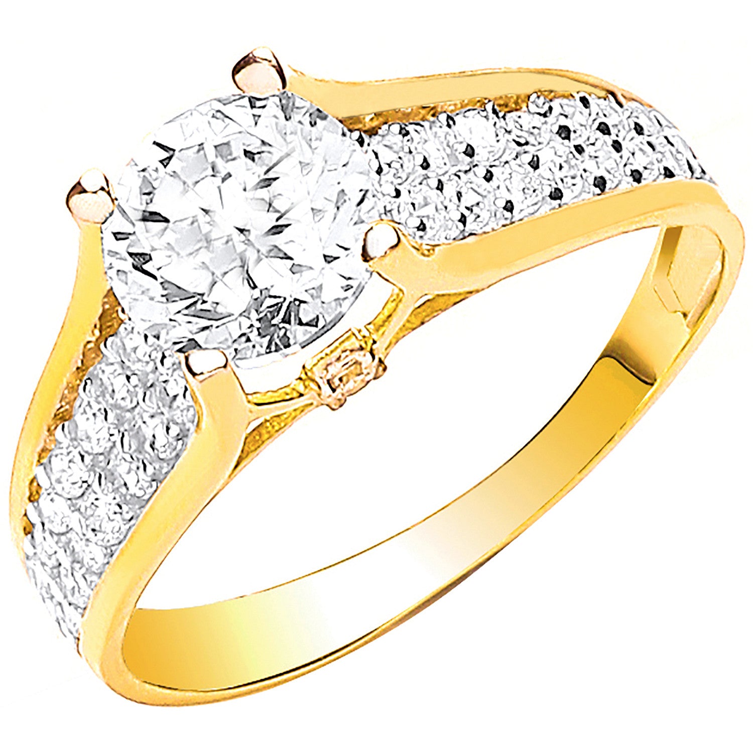 Yellow Gold Ladies Single Stone Two Row Cubic Zirconia Shoulder Ring - 9ct Gold