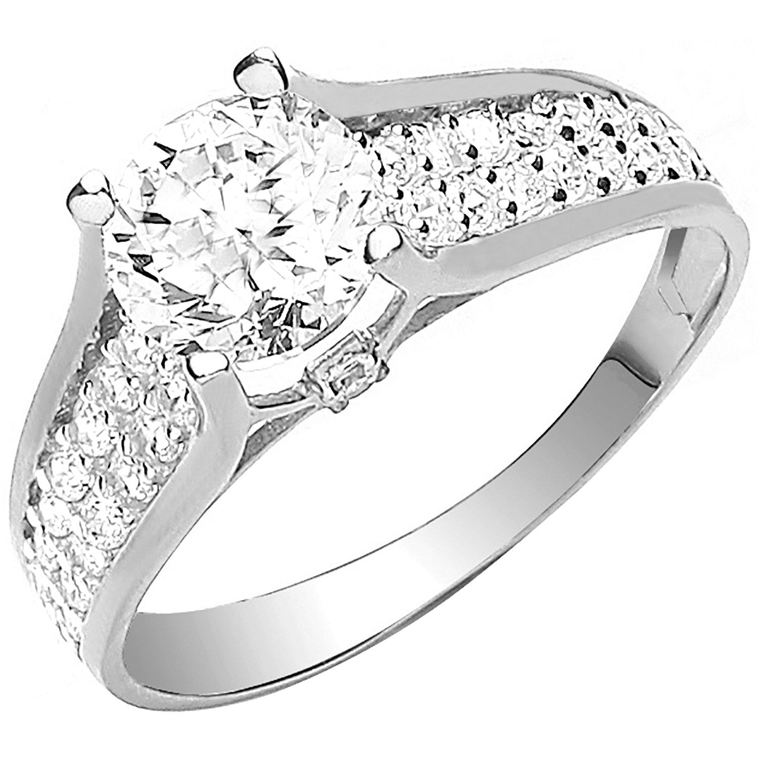 White Gold Ladies Single Stone Two Row Cubic Zirconia Shoulder Ring - 9ct Gold
