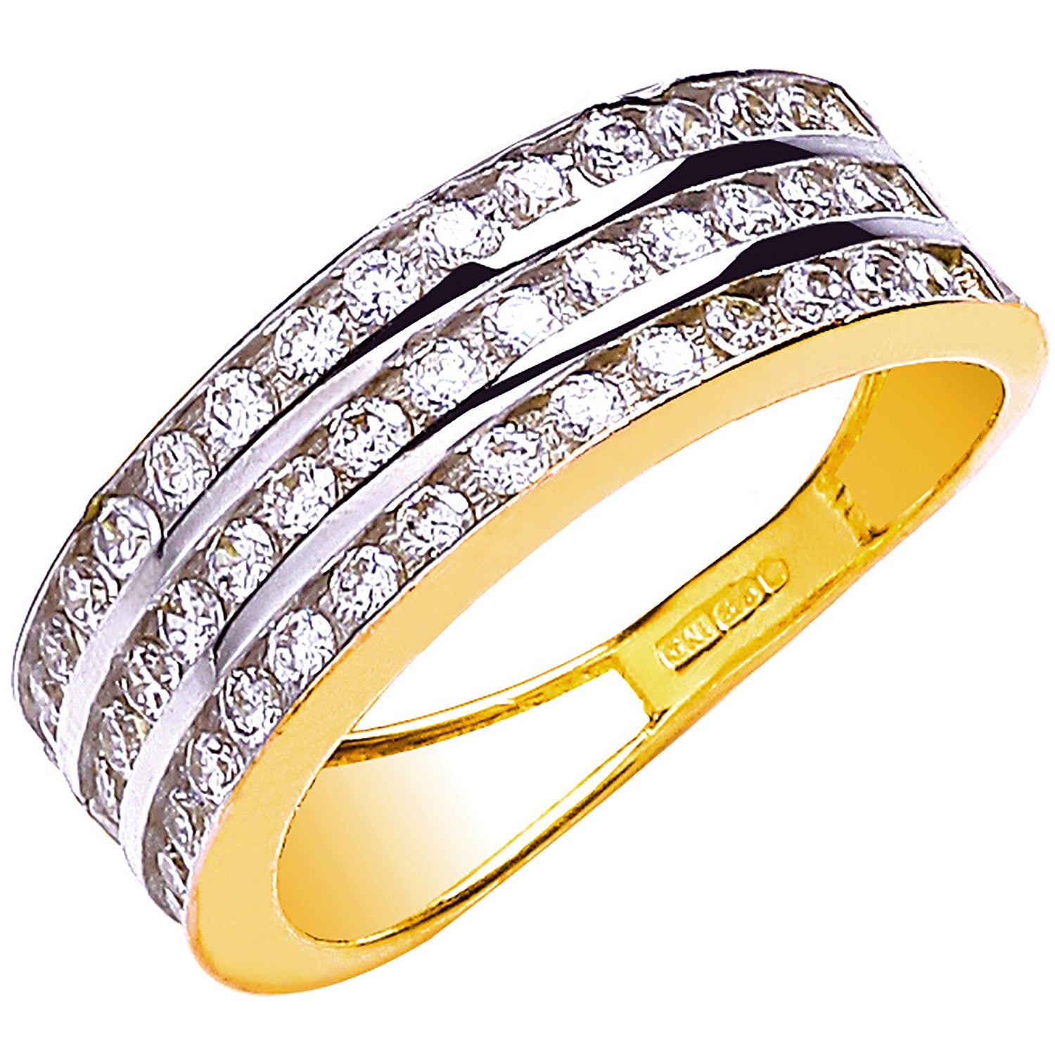 Yellow Gold Ladies Three Row Cubic Zirconia Ring - 9ct Gold