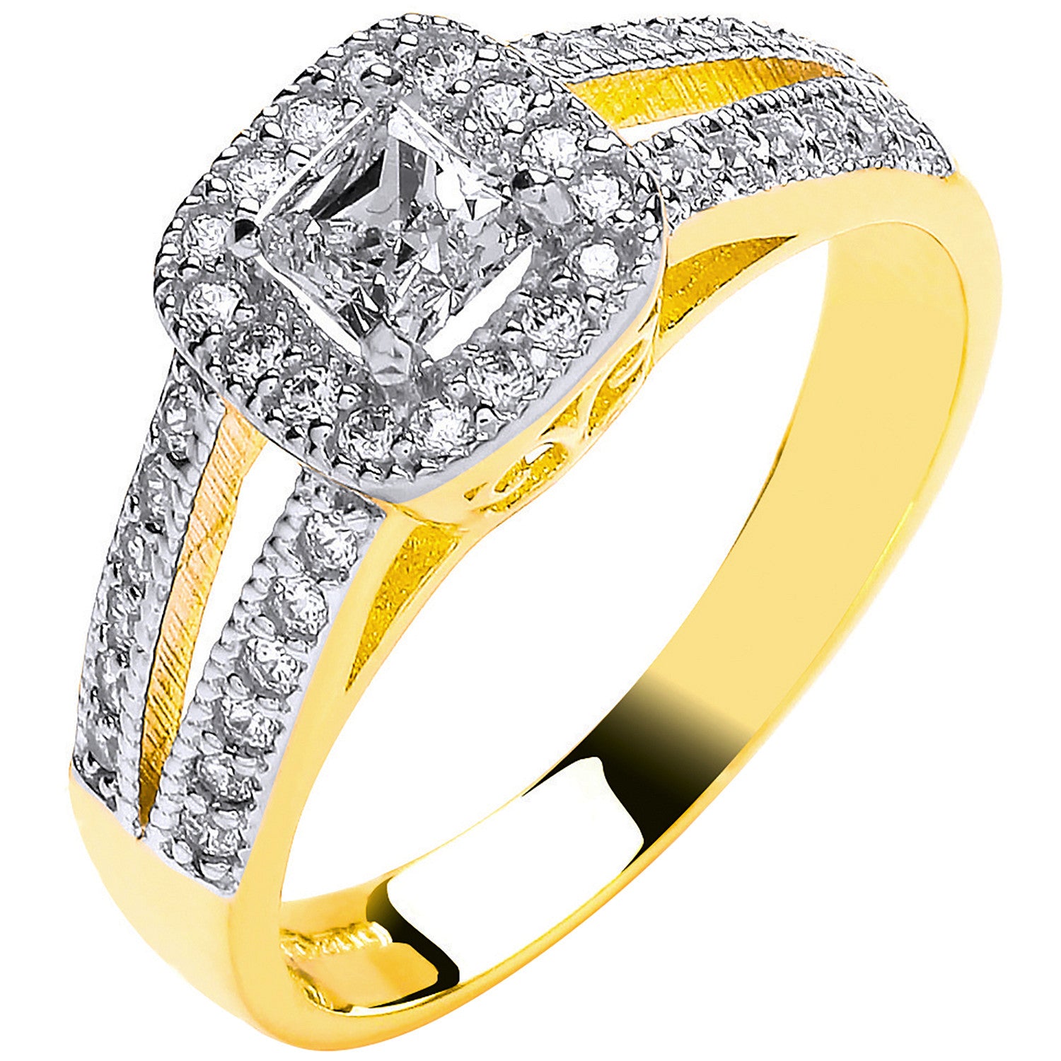 Yellow Gold Ladies Princess Centre Split Shank Cubic Zirconia Ring - 9ct Gold