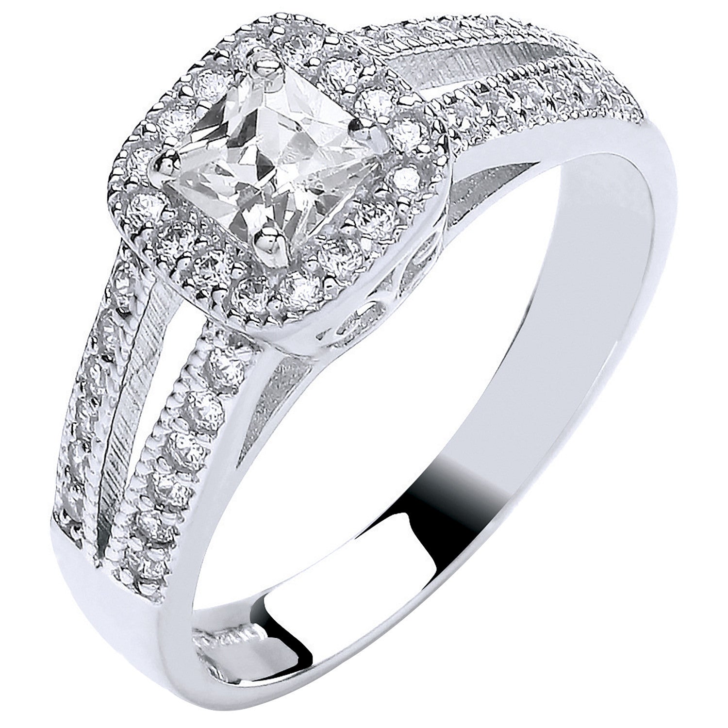 White Gold Ladies Princess Centre Split Shank Cubic Zirconia Ring