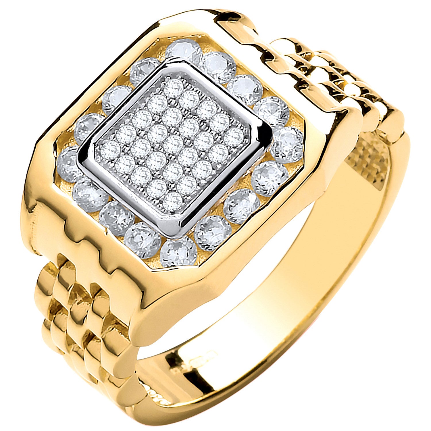 Yellow Gold Panther Link & Cubic Zirconia's Gents Ring - 9ct Gold