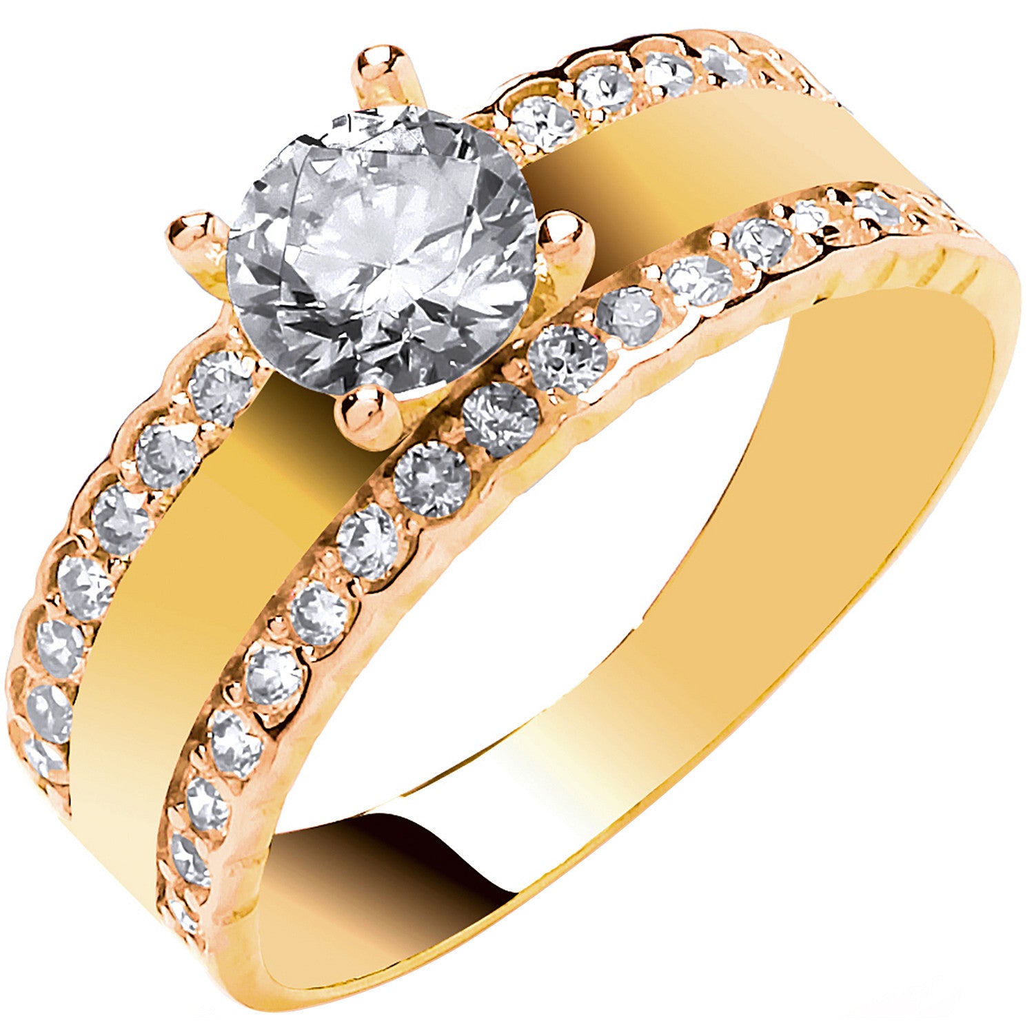 Yellow Gold with Two Rows of Cubic Zirconia's Engagement Ring - 9ct Gold