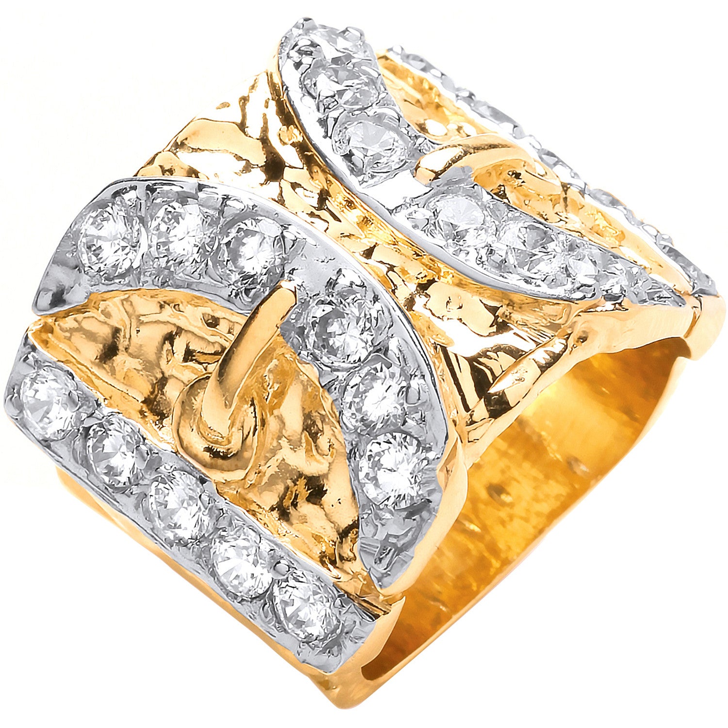 Yellow Gold Cubic Zirconias Buckle Gents Ring - 9ct Gold