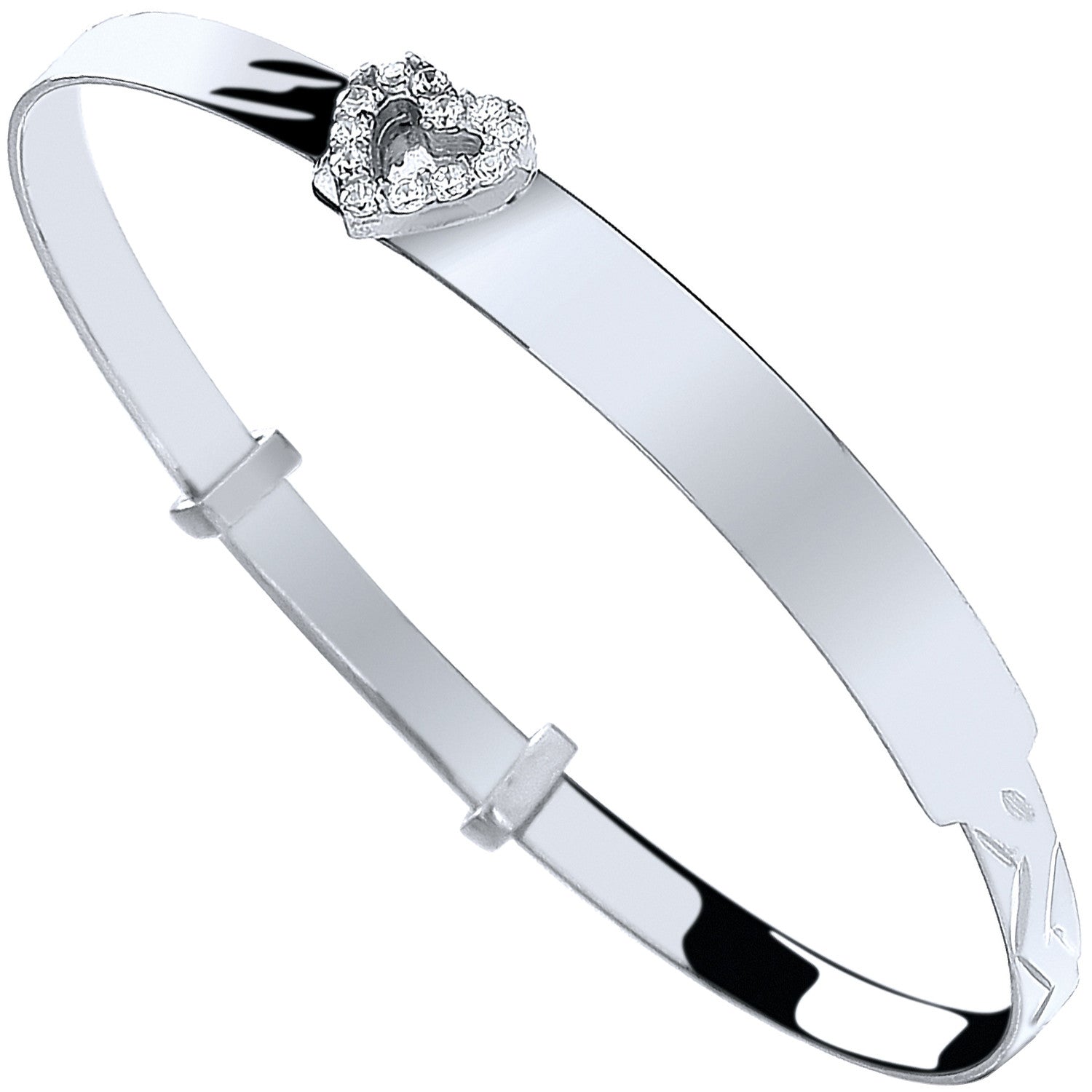 Silver Baby ID with Cubic Zirconia Heart Expandable Bangle - Silver