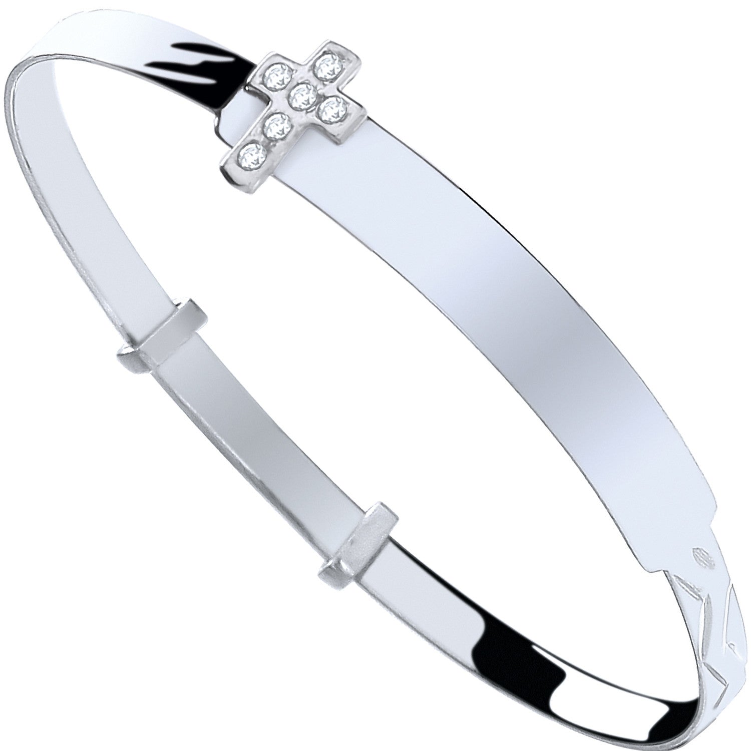 Silver Baby ID with Cubic Zirconia Cross Expandable Bangle - Silver