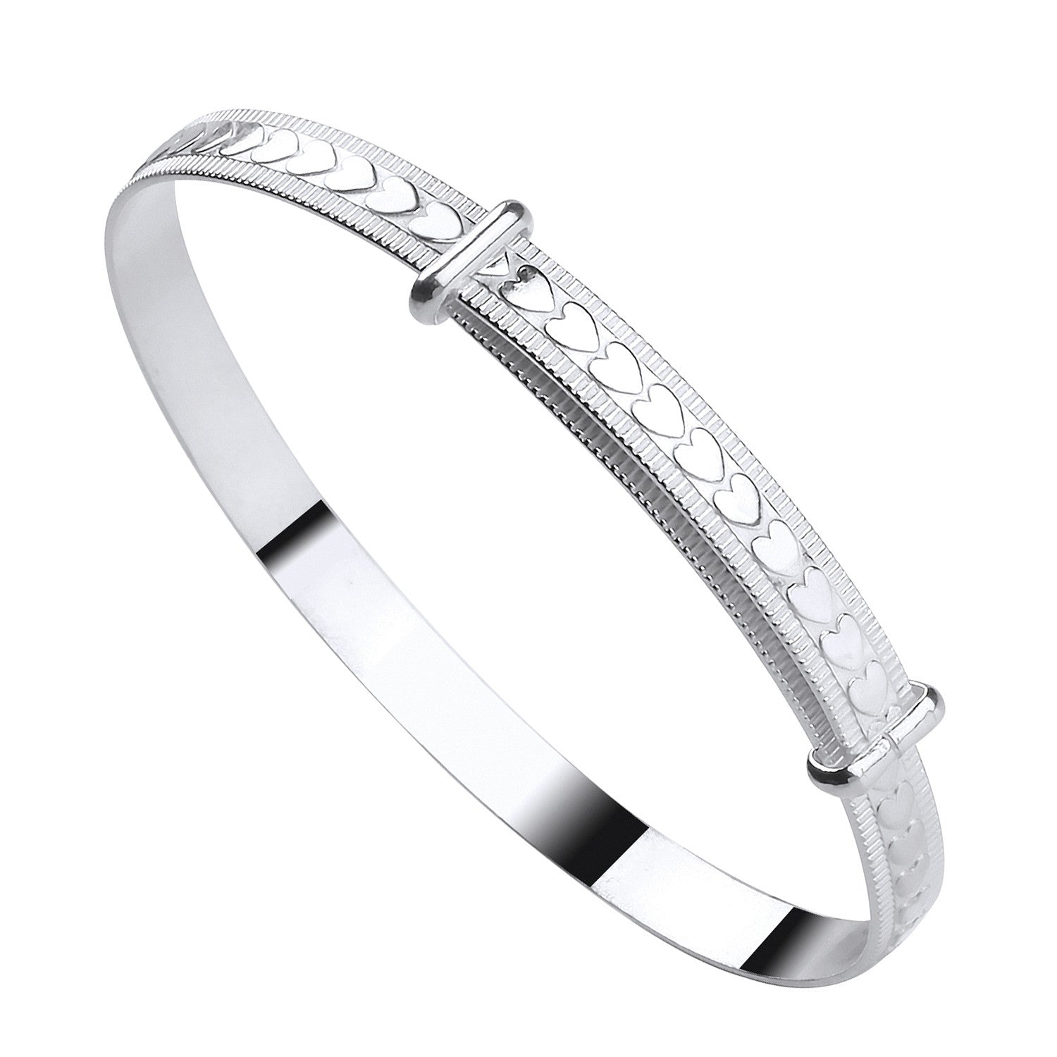 Silver Expandable Baby Bangle With Embossed Hearts - Silver