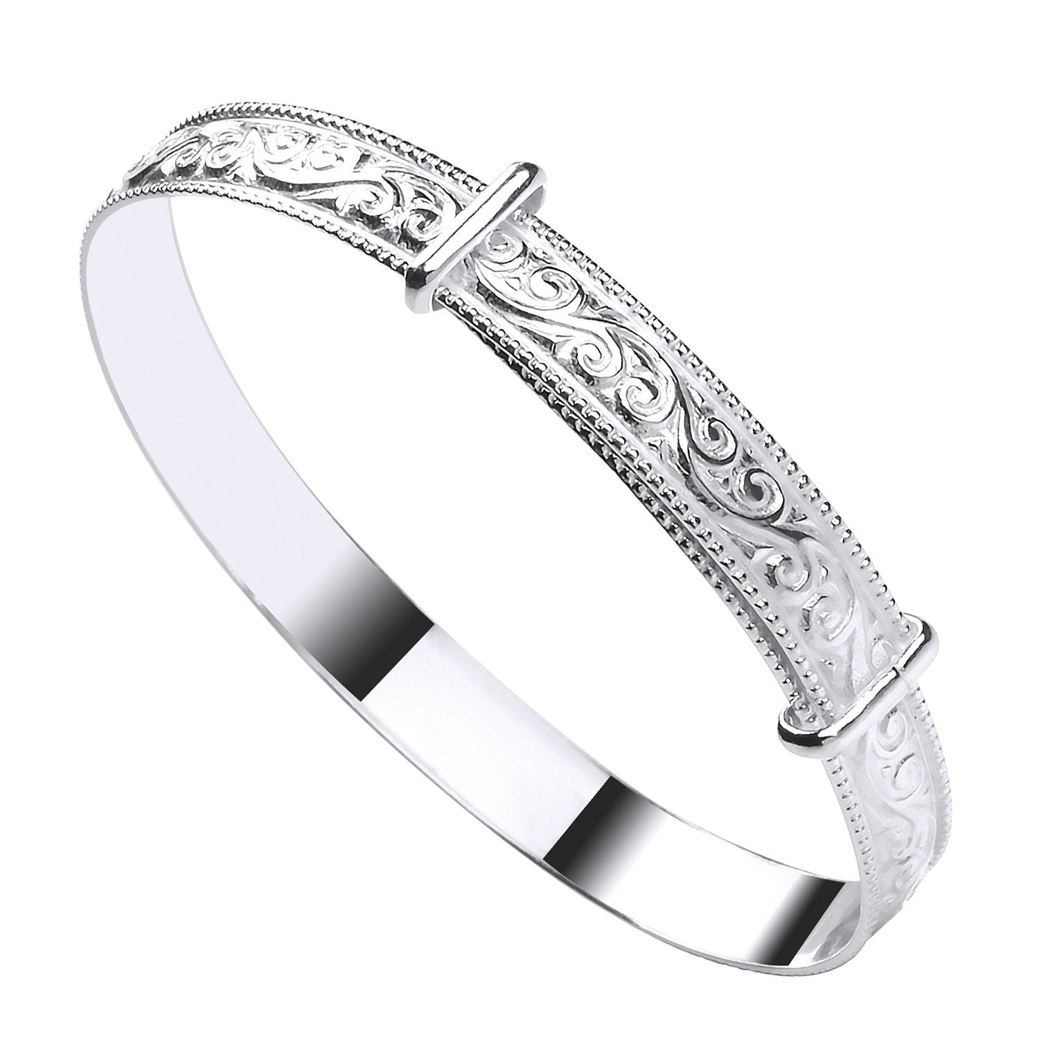 Silver Swirl Ribbed Edge Expandable Baby Bangle - Silver