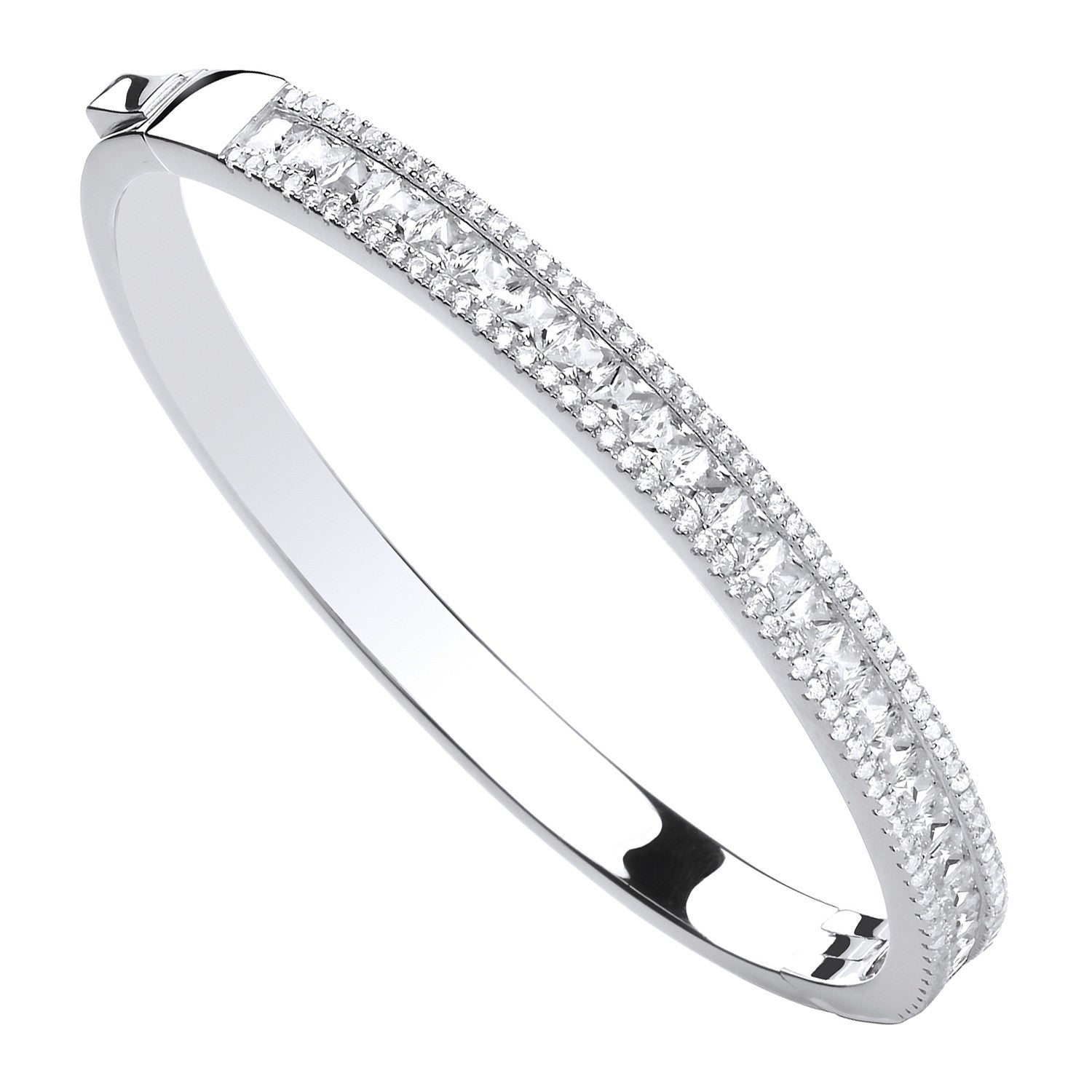 Silver Hinged Princess Cut & Round Cubic Zirconias Bangle - Silver