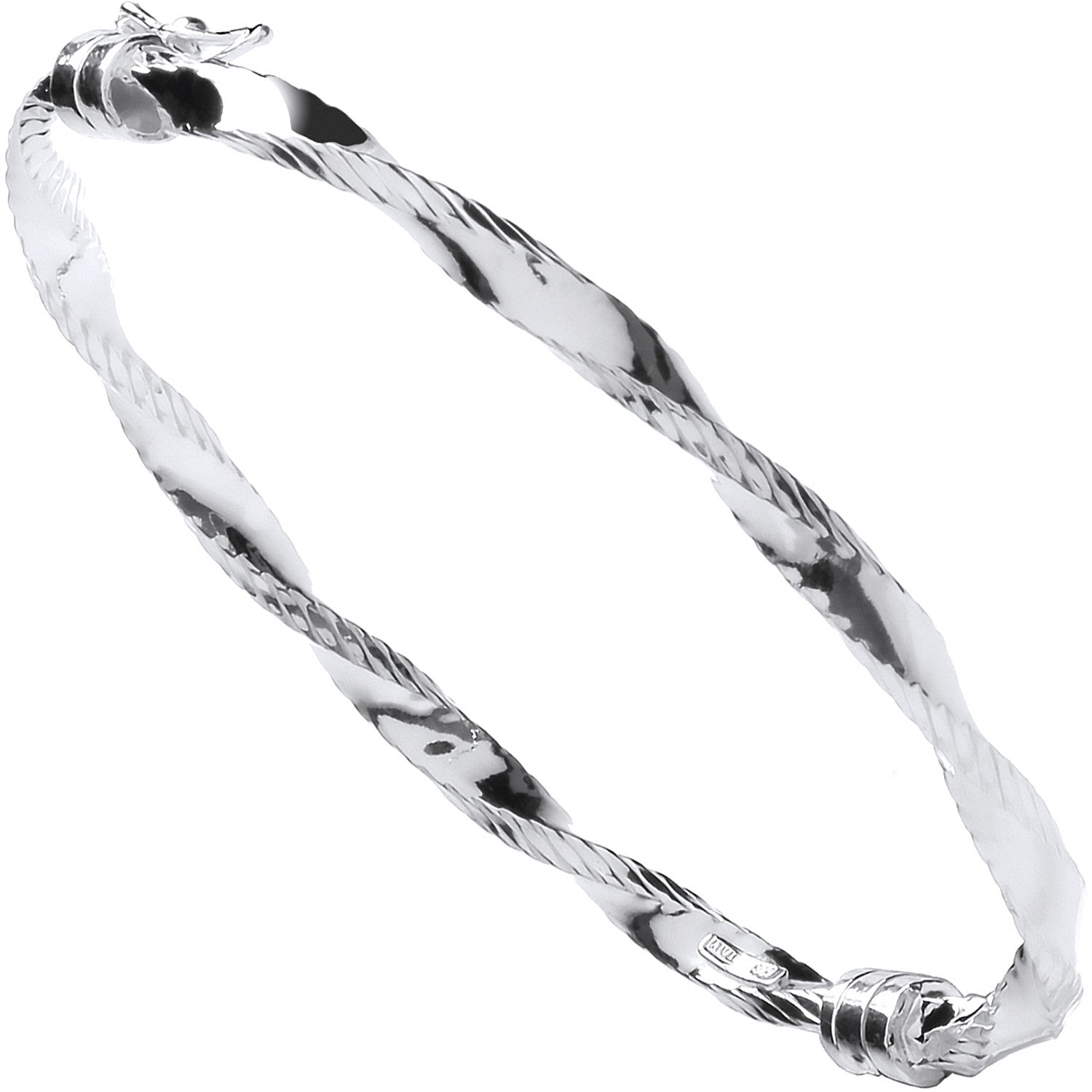 Silver Twisted Ribbed Edge Hollow Hinged Bangle - Silver