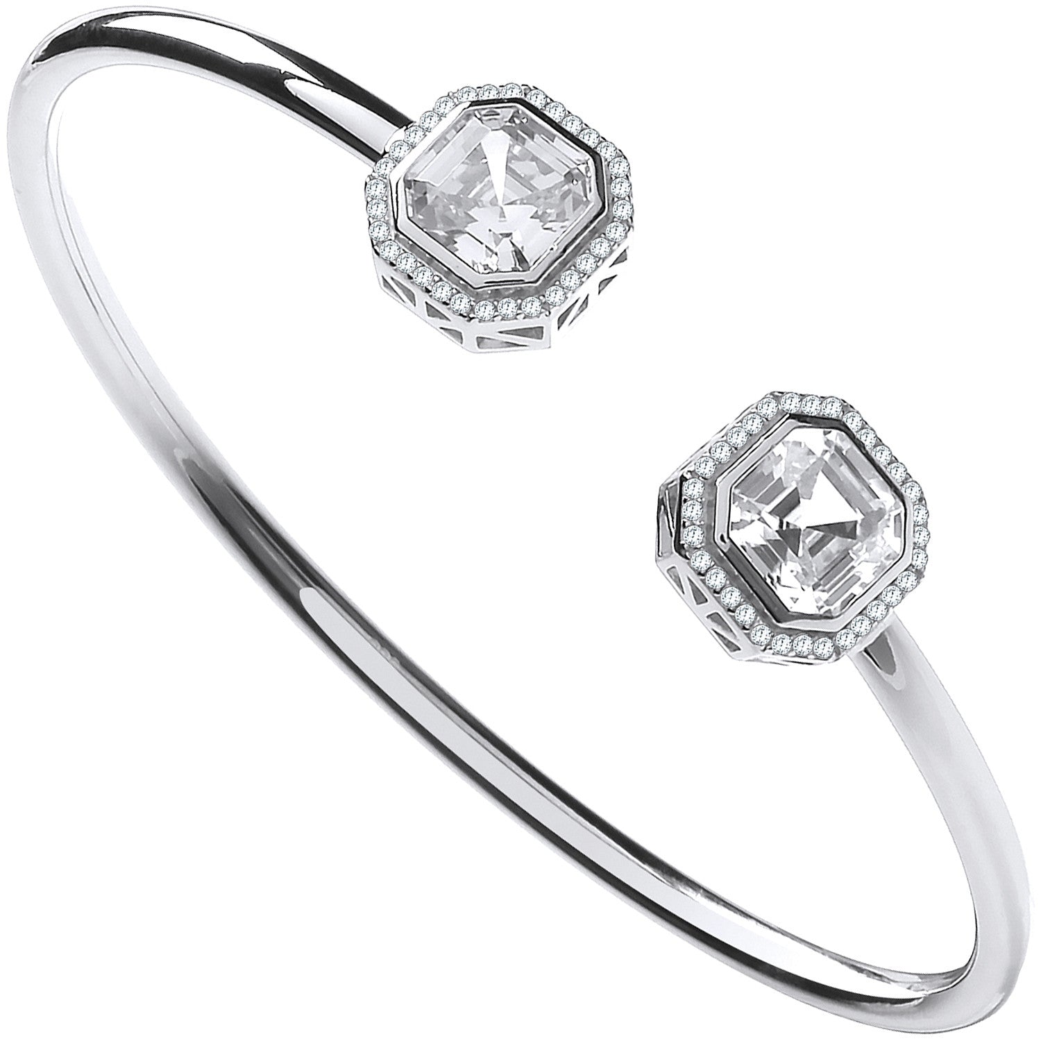 Silver Octagon Cubic Zirconia Torque Hollow Bangle - Silver