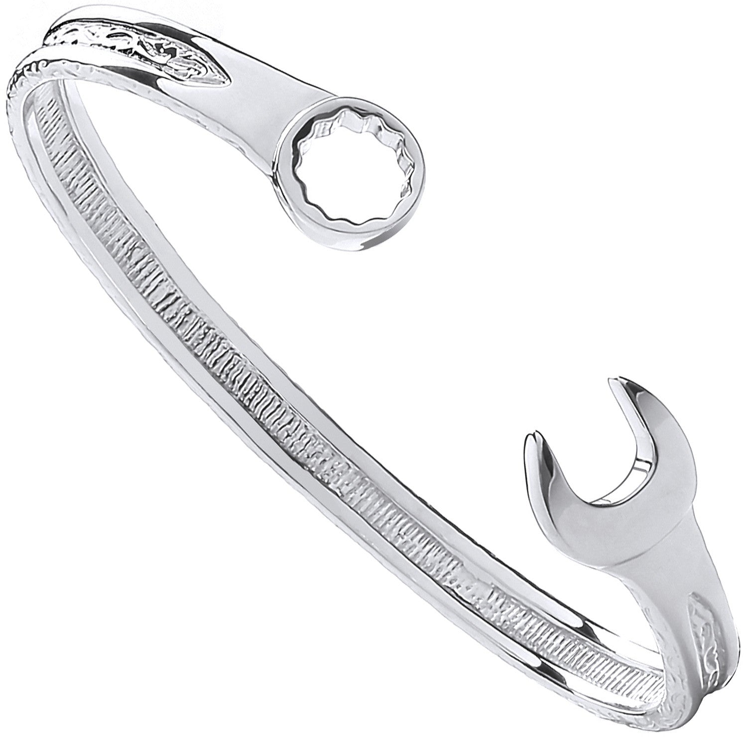 Silver Solid Vintage Design Spanner Gents 7mm Bangle - Silver