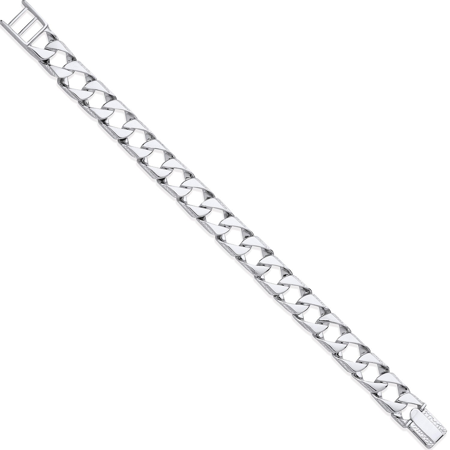 Silver 12mm Big Square Curb Ribbed Edge Link Gents Bracelet - Silver