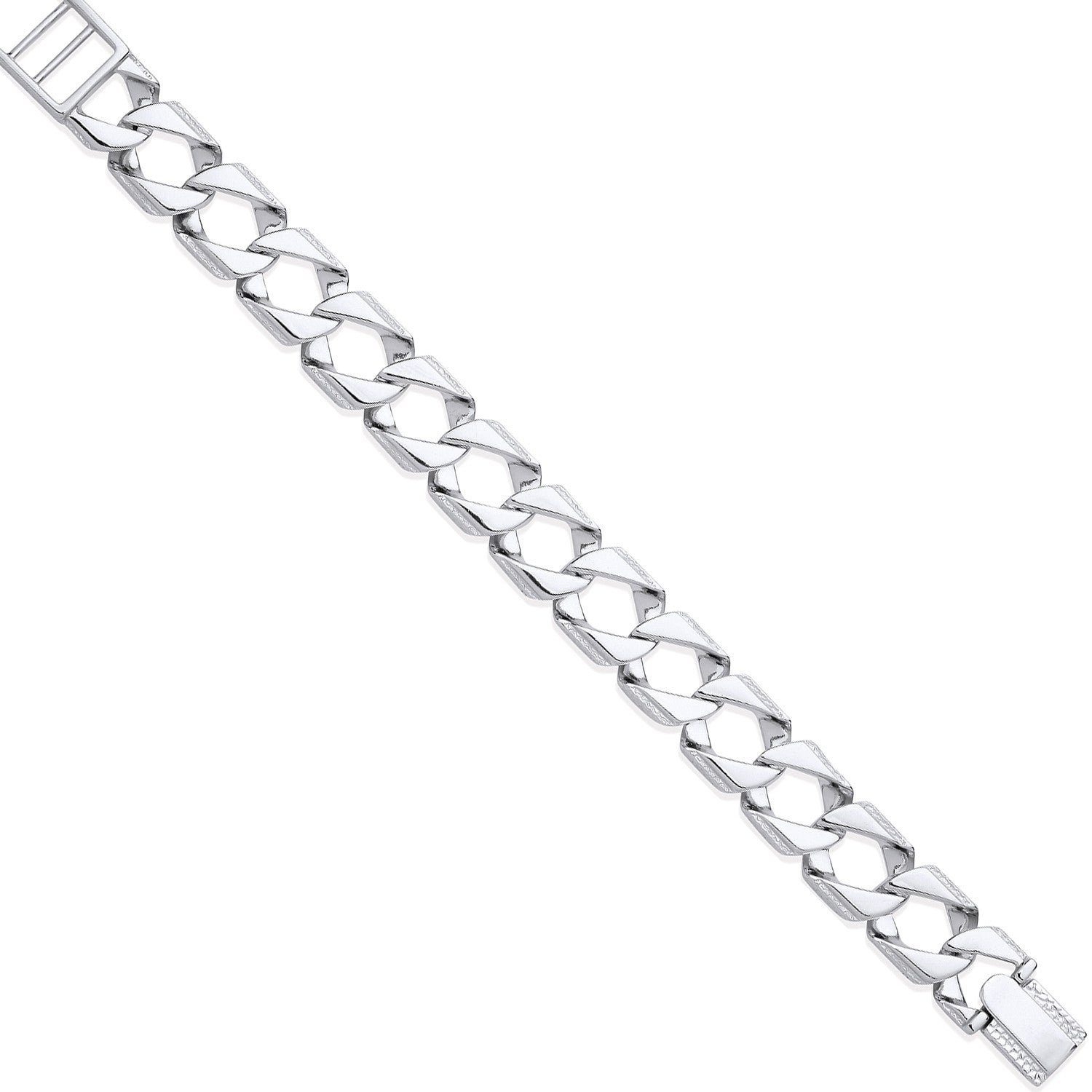 Silver 15mm Large Square Curb Ribbed Edge Link Gents Bracelet - Silver