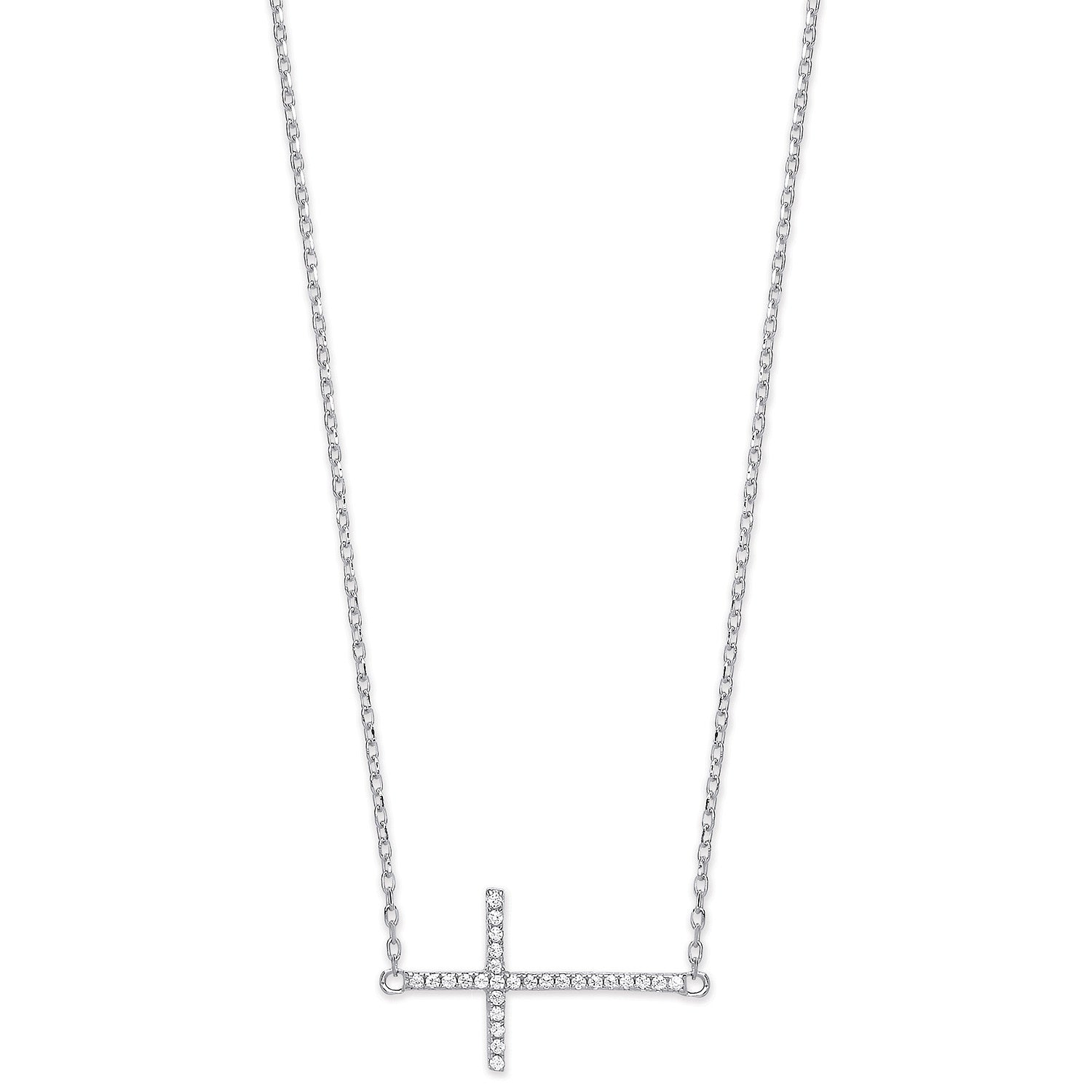 Silver Cubic Zirconia Sideways Cross Pendant 16" Necklace - Silver