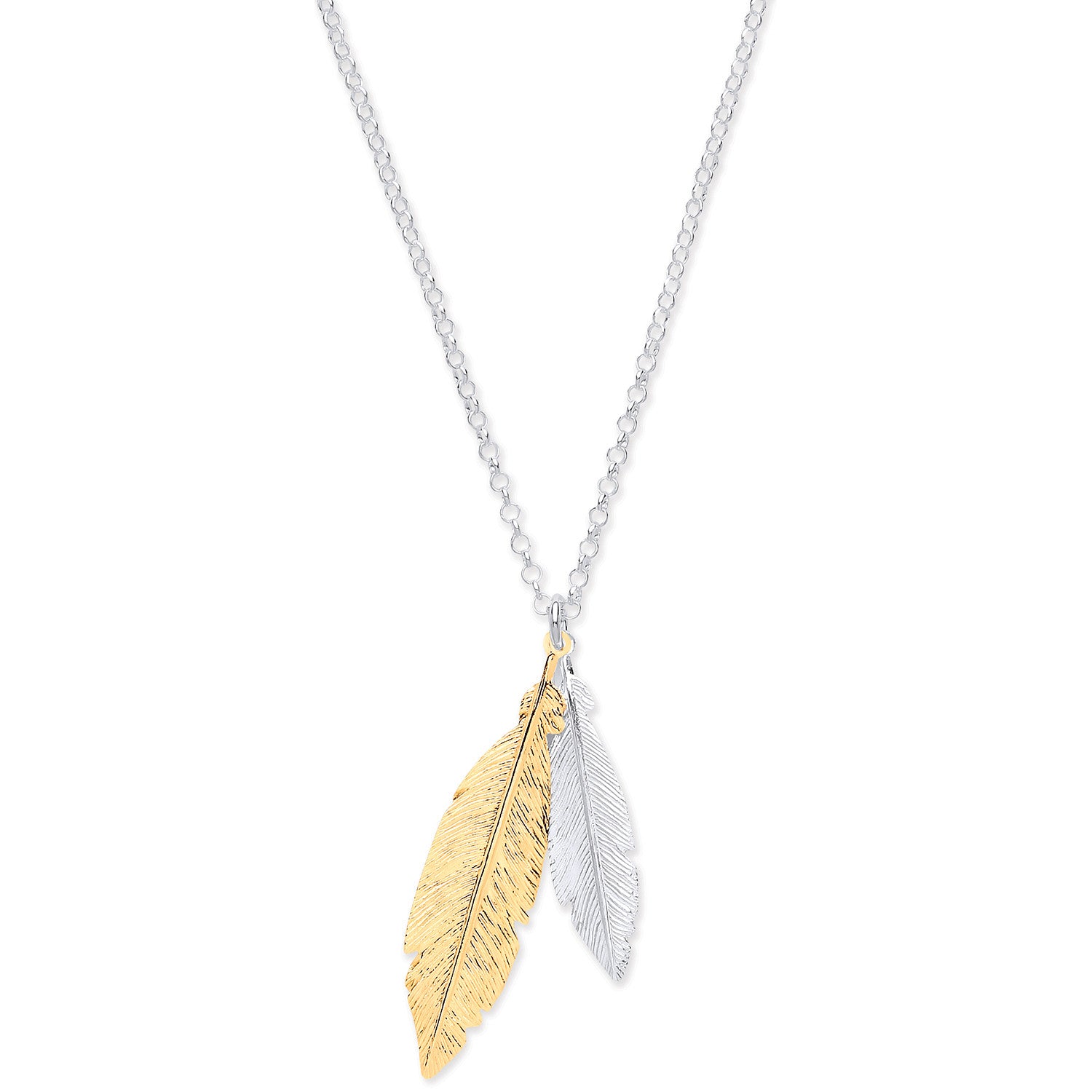 Silver & Gold Coated Feathers Necklace 16" - Silver