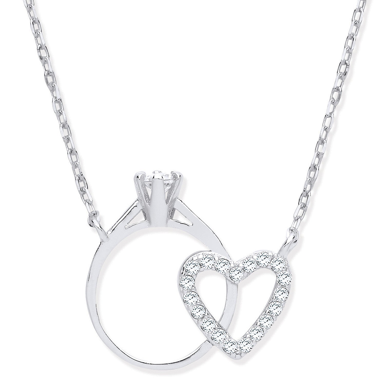 Silver Chain with Little Cubic Zirconia Engagement Ring & Heart - Silver