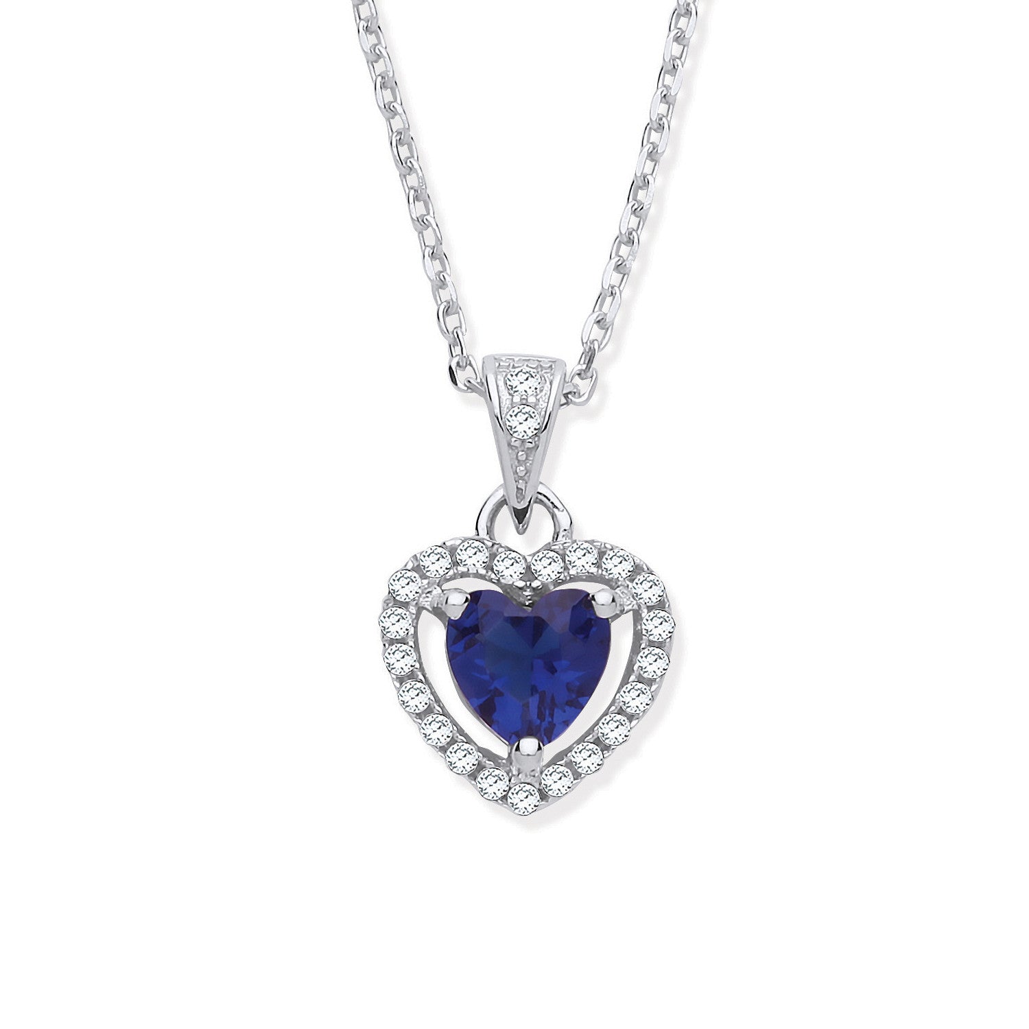 Silver Blue Cubic Zirconia Halo Heart Pendant Necklace - Silver
