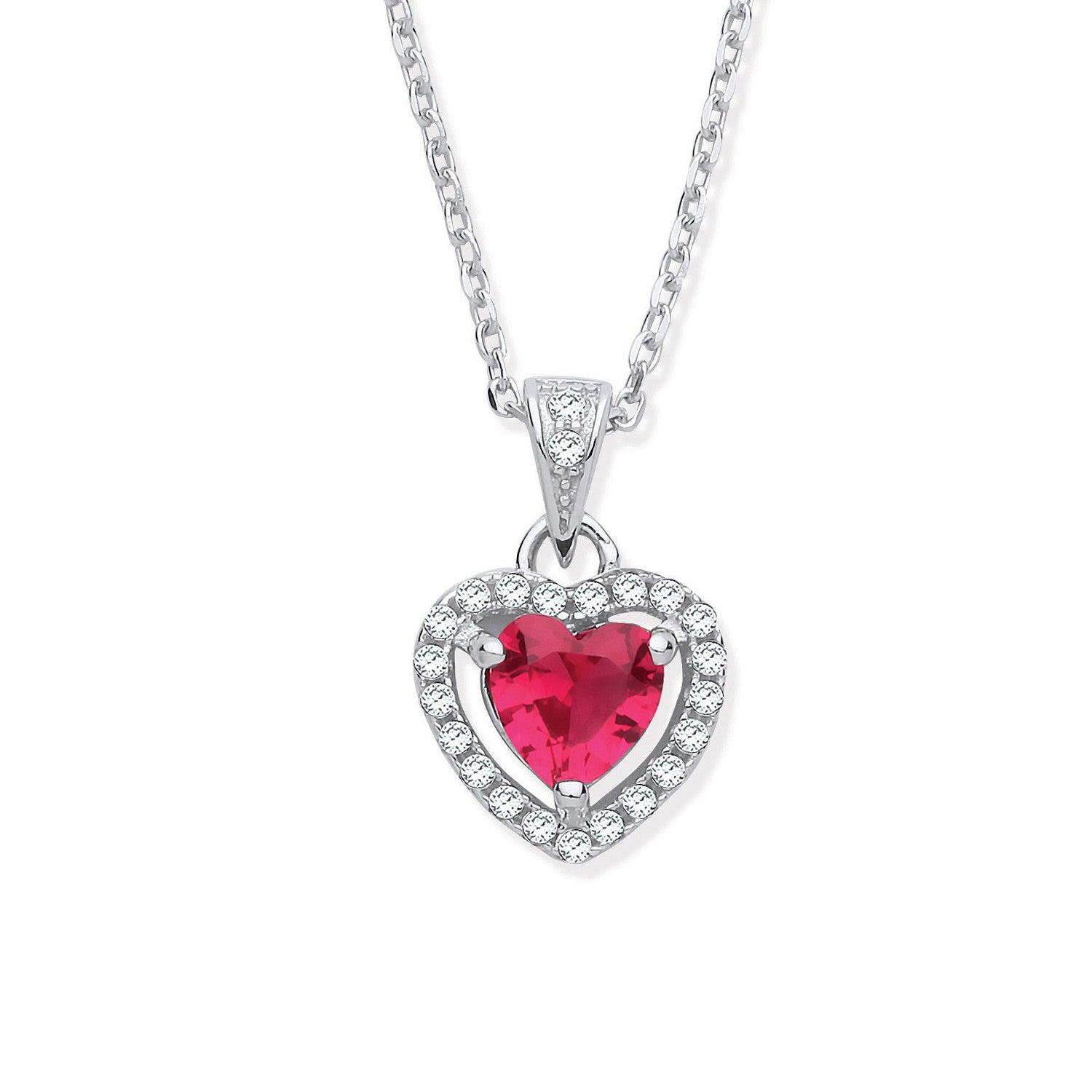 Silver Red Cubic Zirconia Halo Heart Pendant Necklace - Silver