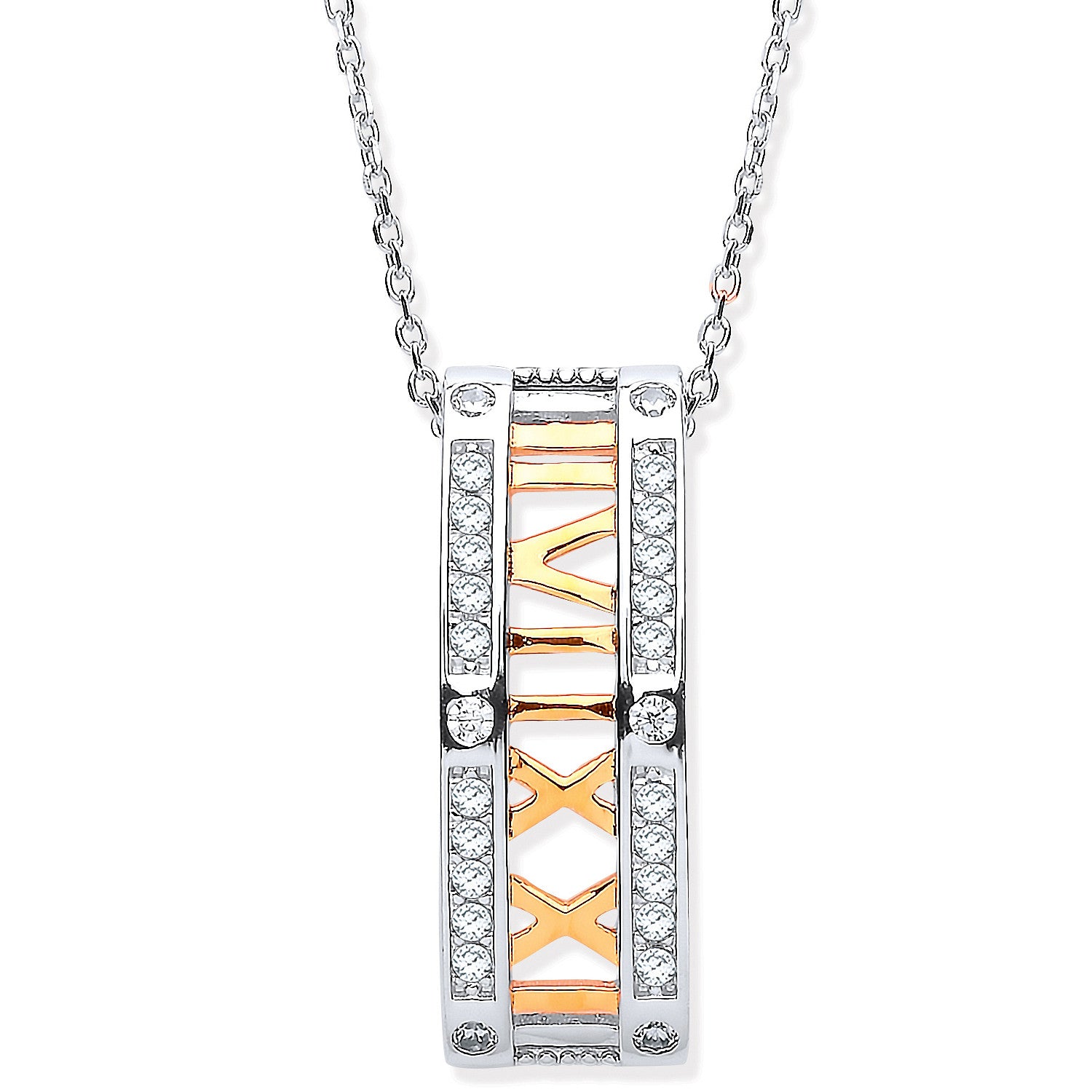 Silver & Roman Numeral Drop Pendant Necklace - Silver