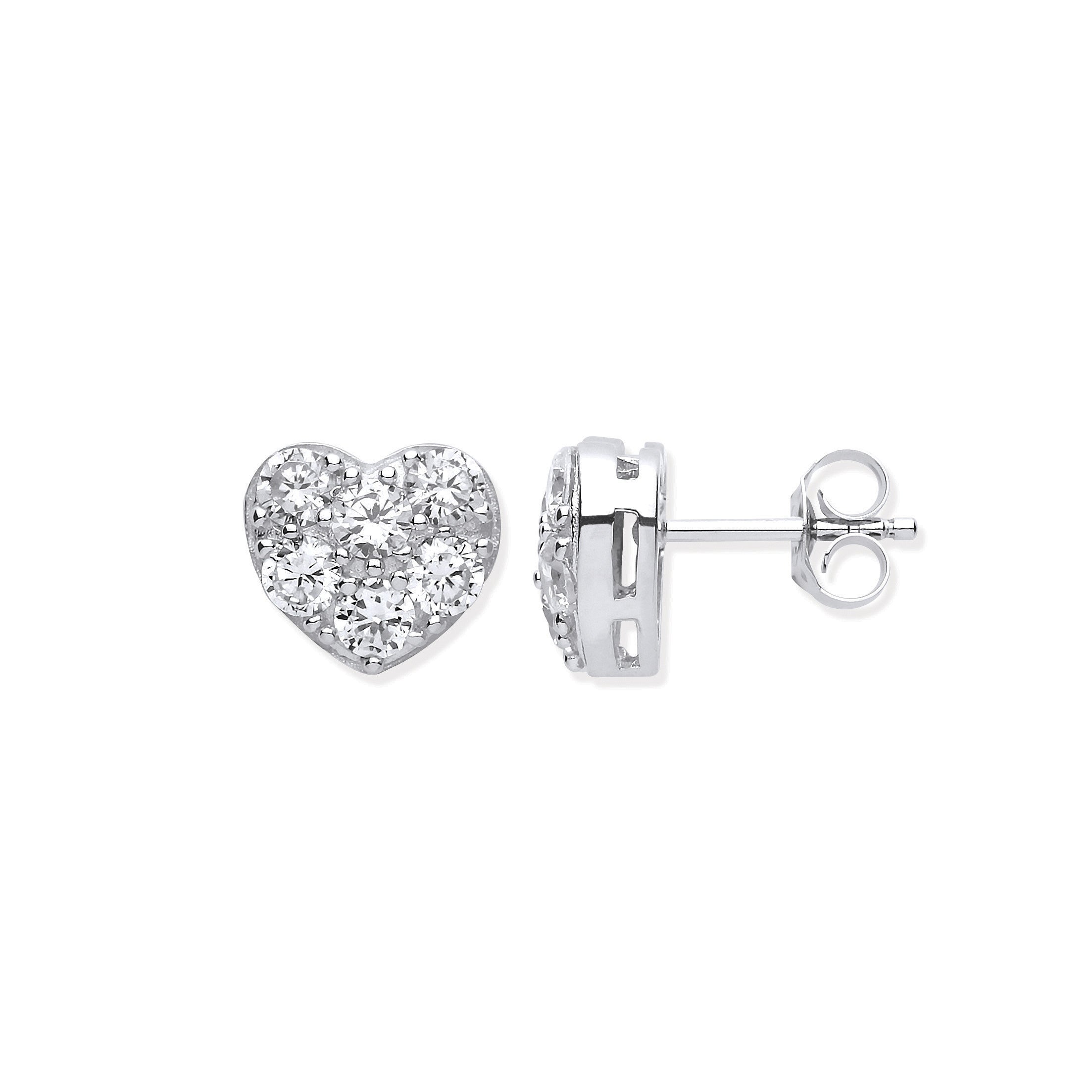 Silver Pave Set Heart Stud Earrings - Silver