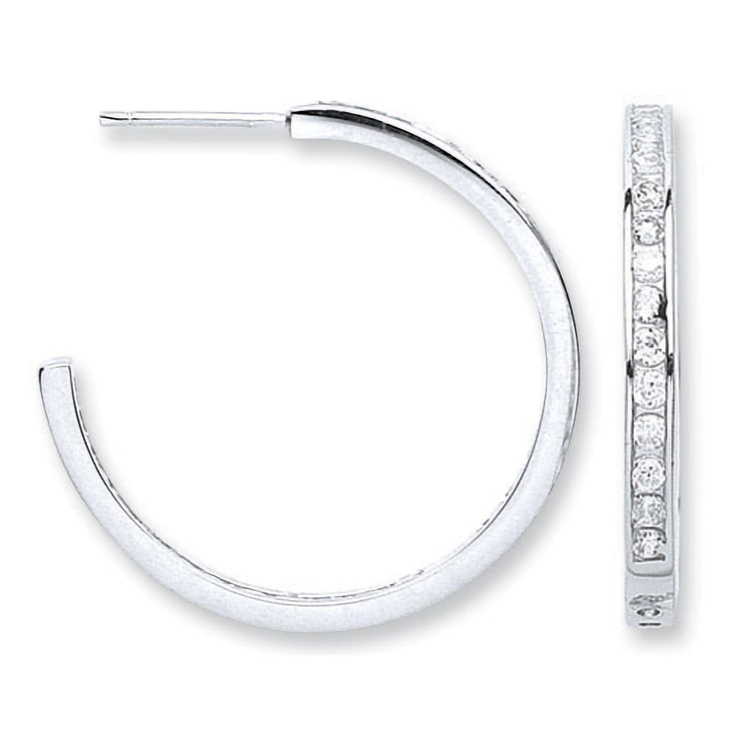 Silver Channel Set Cubic Zirconia Hoop Earrings - Silver
