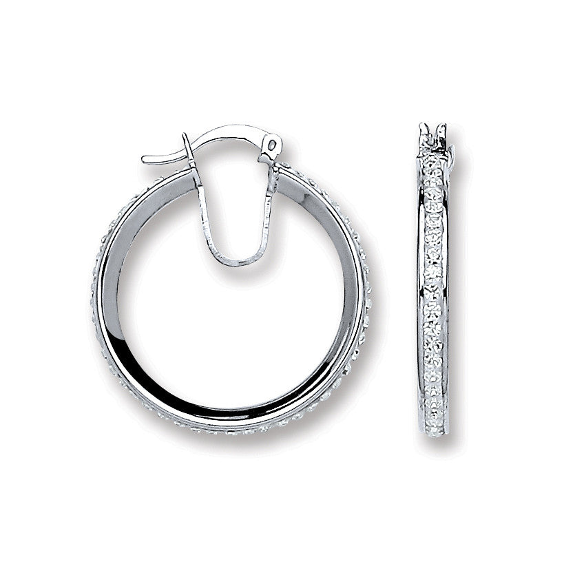 Silver Single Row Crystal Hoop Earrings - Silver