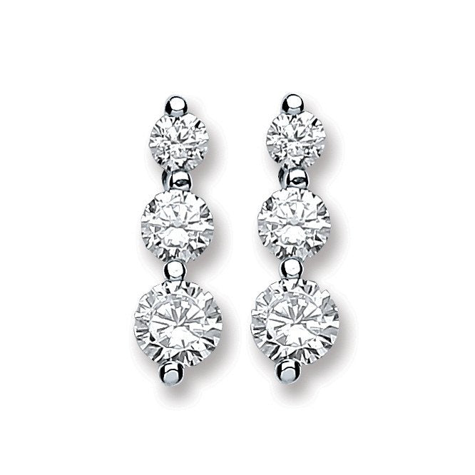 Silver 3 Cz Graduated Drop Earrings