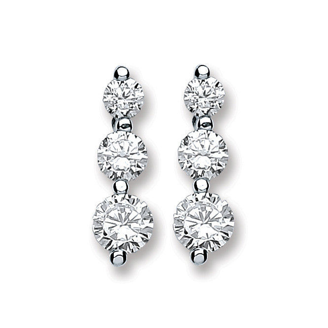 Silver 3 Cubic Zirconia Graduated Drop Earrings