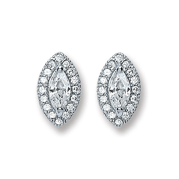 Silver Marquese Shape Cubic Zirconia Stud Earrings - Silver