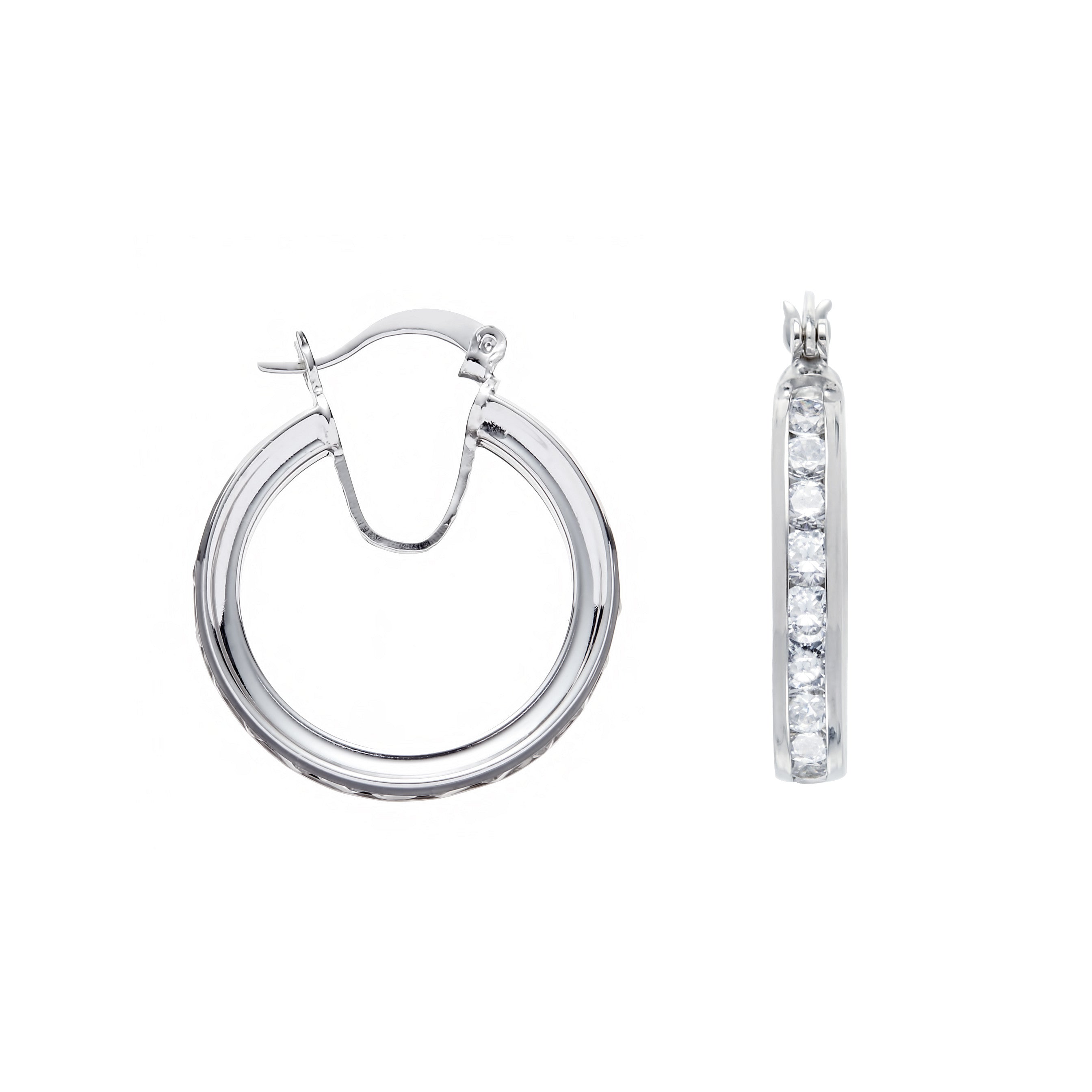 Silver Channel Set Cubic Zirconia Hoop Earrings - Silver