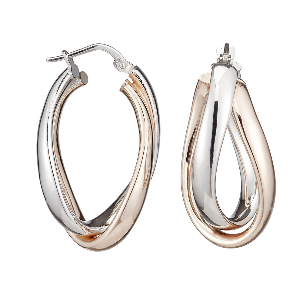 Silver Oval Two Tone Hoop Earrings - Silver