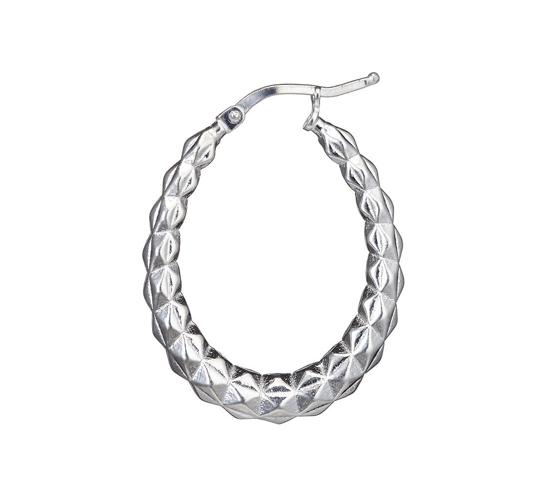 Silver Faceted Oval Hallow Hoop Earrings - Silver