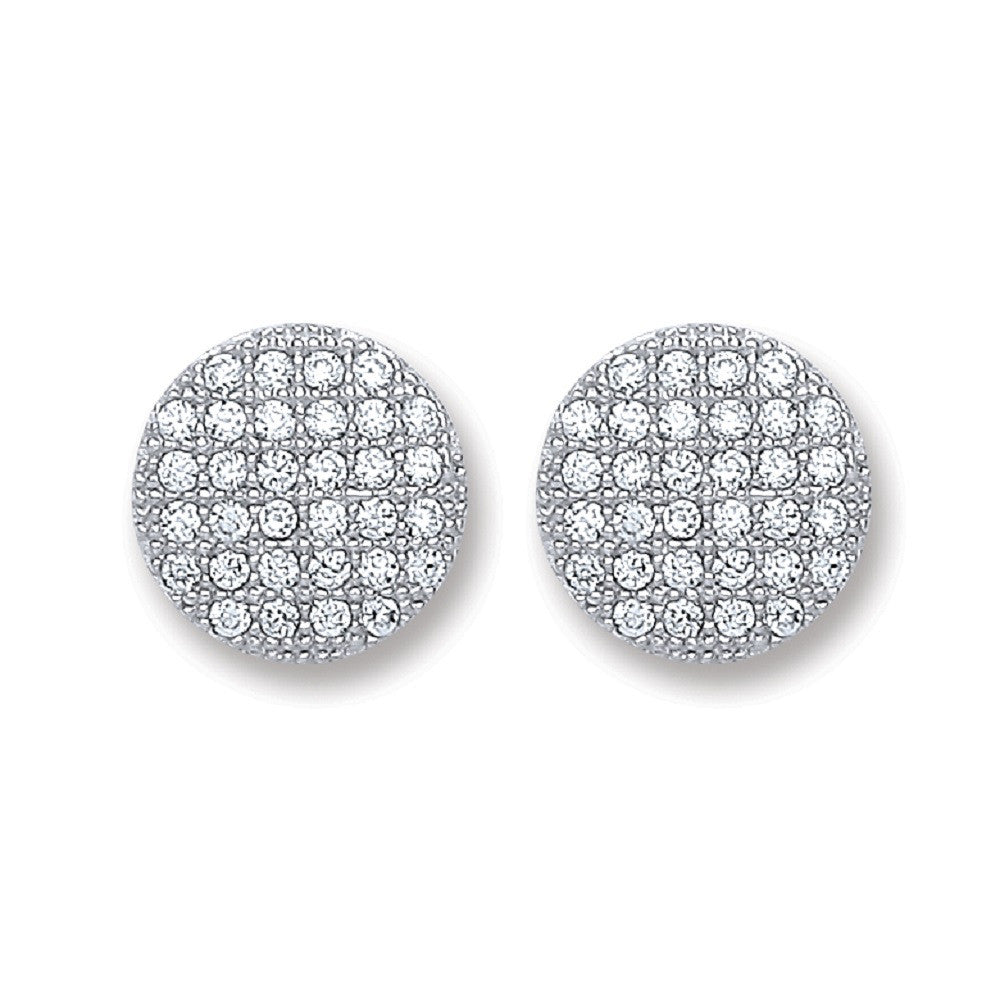 Silver Button Cubic Zirconia Stud Earrings - Silver