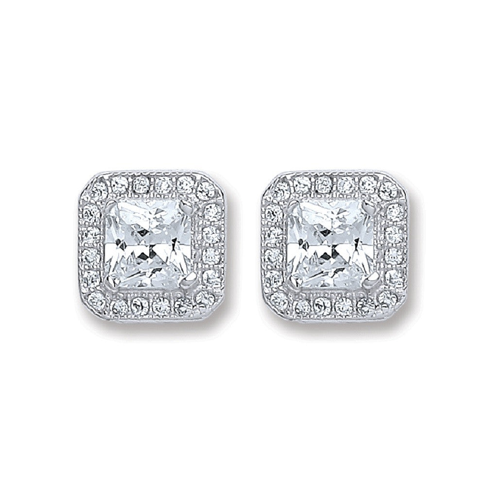 Silver Square Cubic Zirconia Stud Earrings - Silver