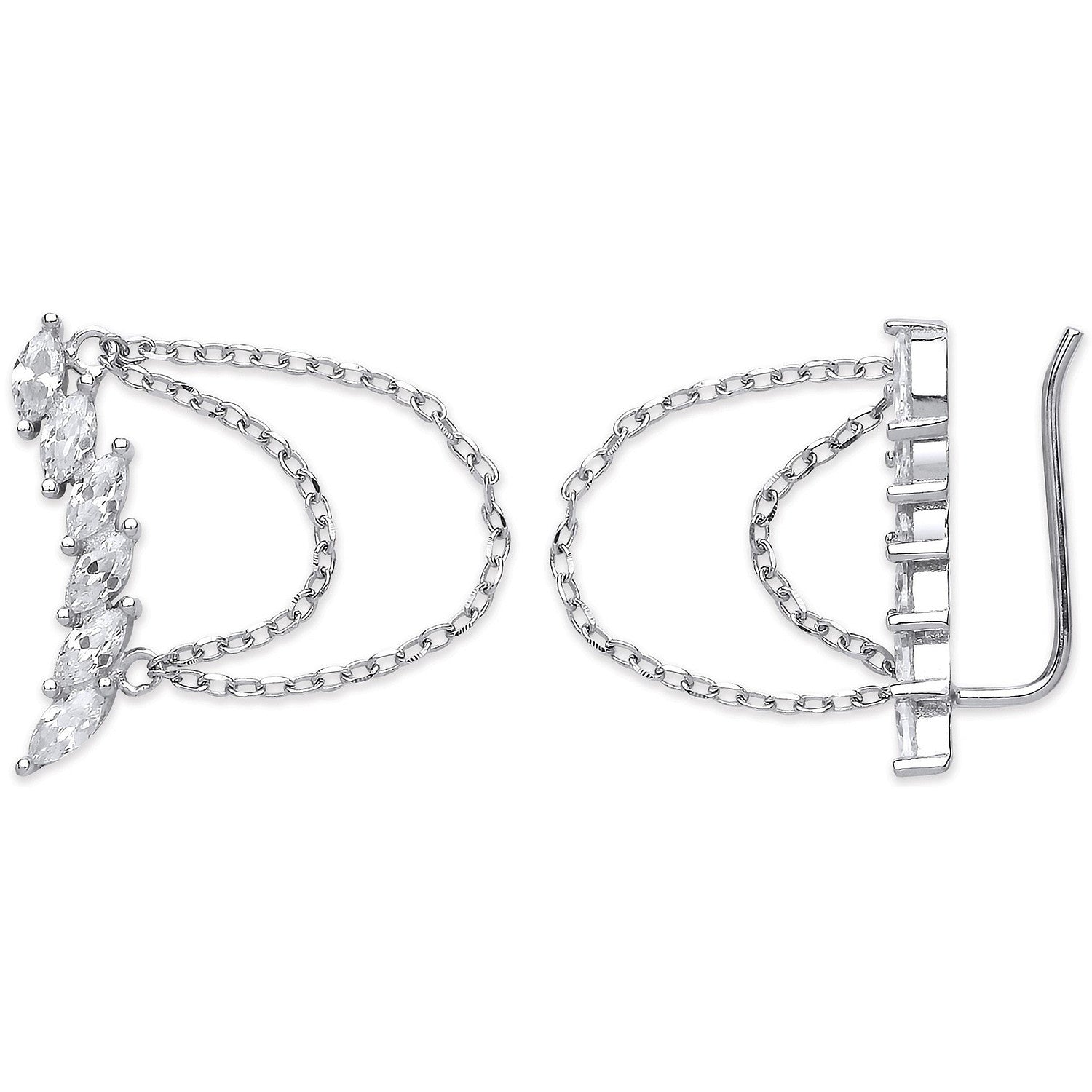 Silver Arc-shaped Ear Hook Marquee Cubic Zirconia with Chain Ear Clip Earrings