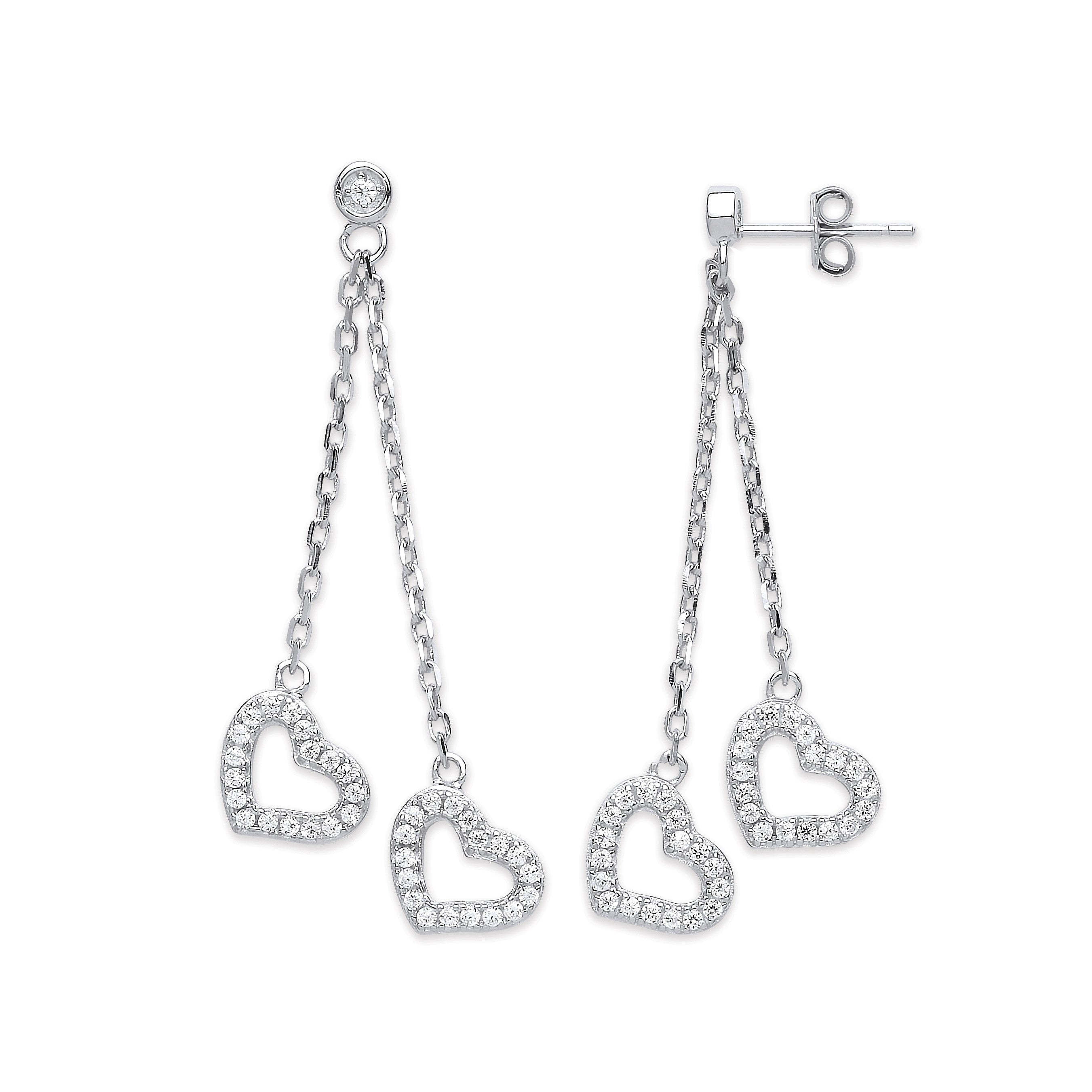 Silver 2-Strand Cubic Zirconia Hearts Drop Earrings - Silver