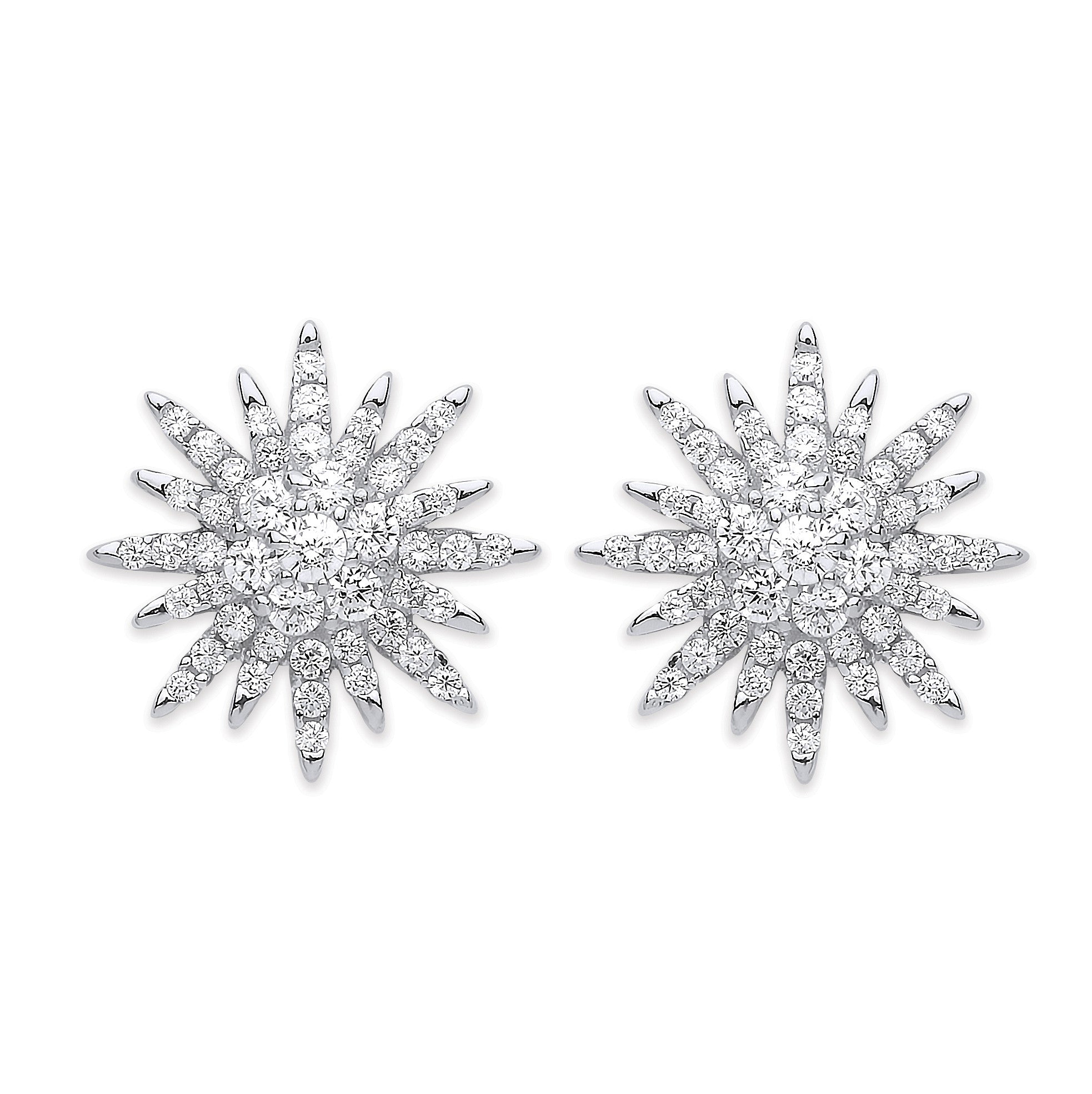 Silver Cubic Zirconia Starburst Stud Earrings - Silver