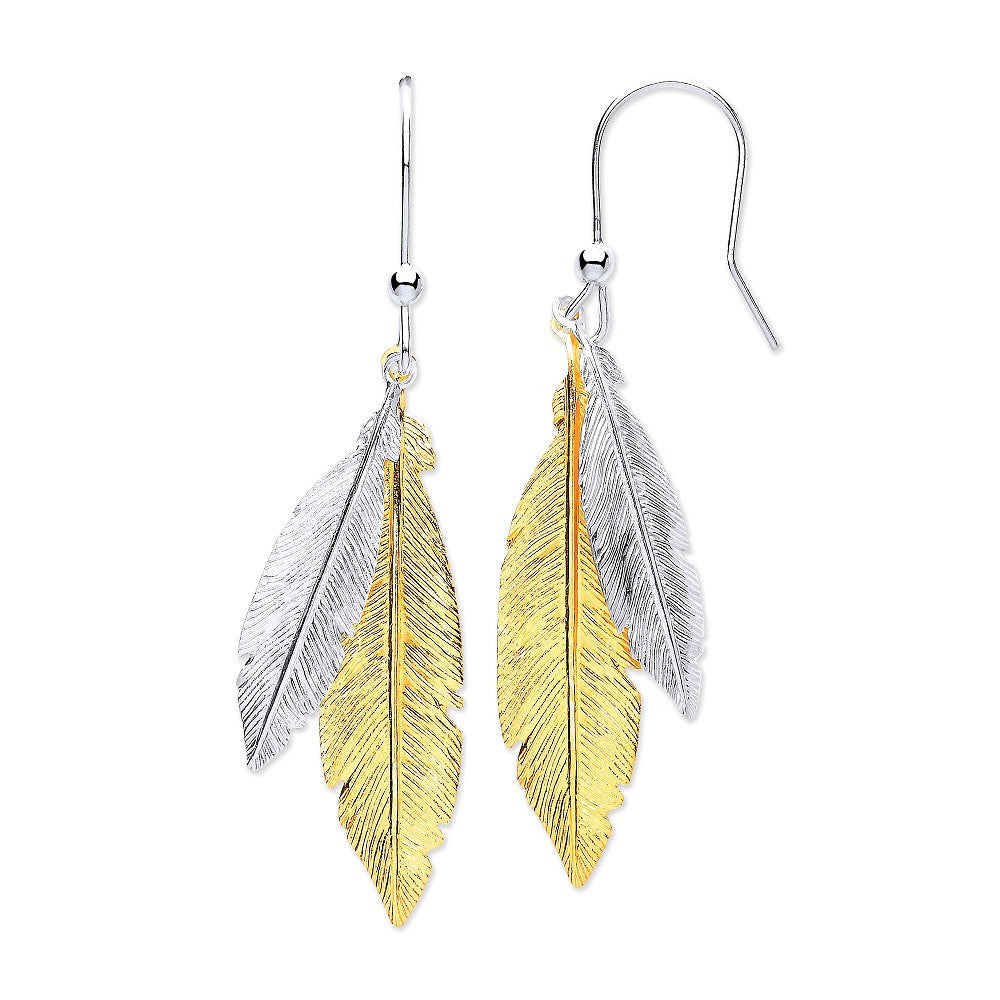 Silver & Gold Coated Feathers Drop Earrings - Silver