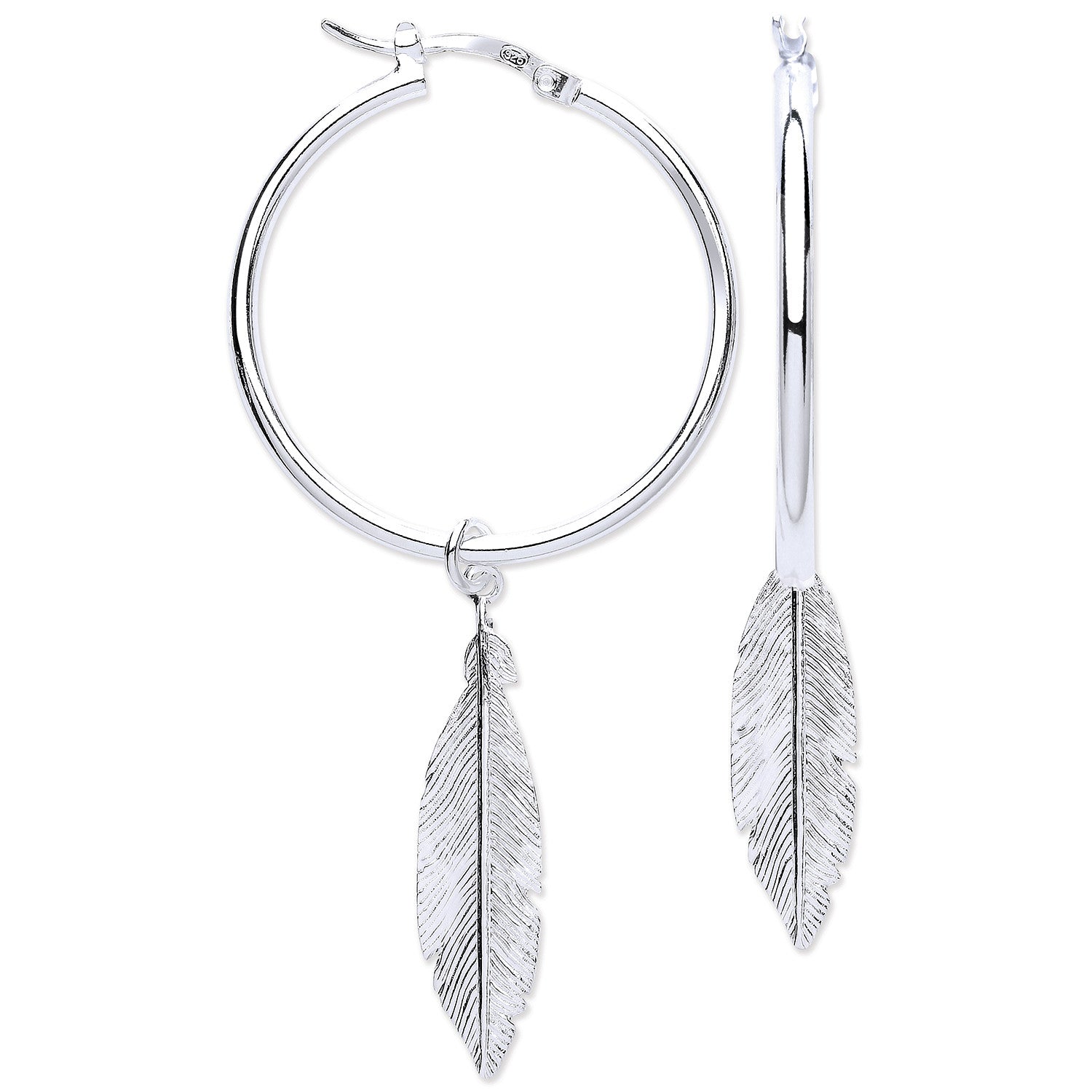 Silver Feather Hoop Earrings - Silver
