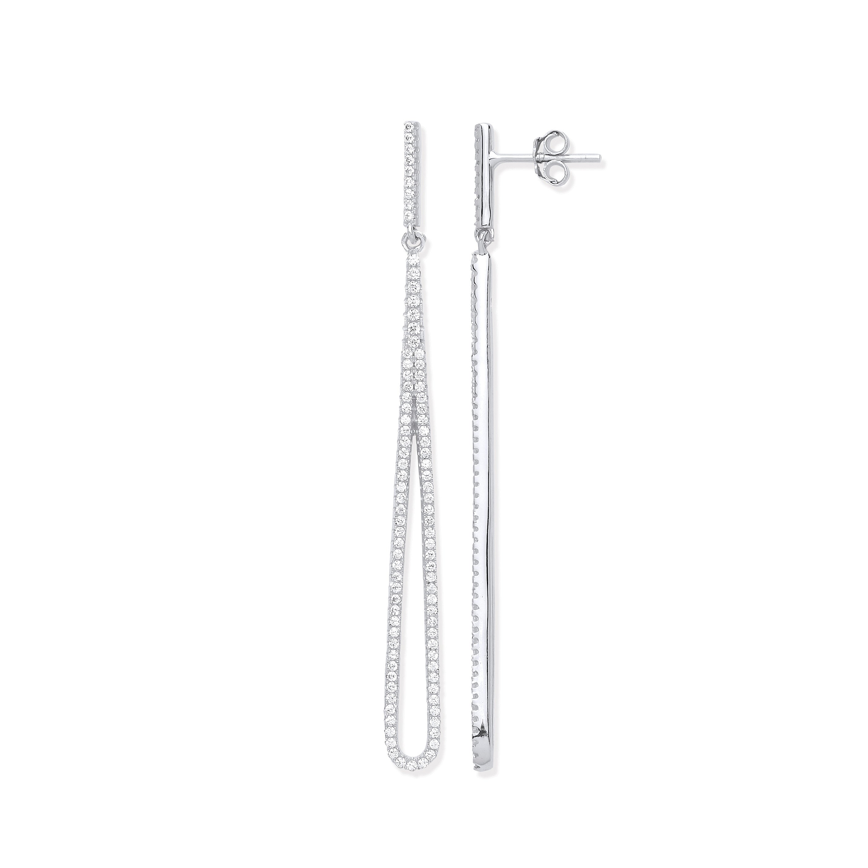 Silver Pave Cubic Zirconia Oval Linear Drop Earrings - Silver