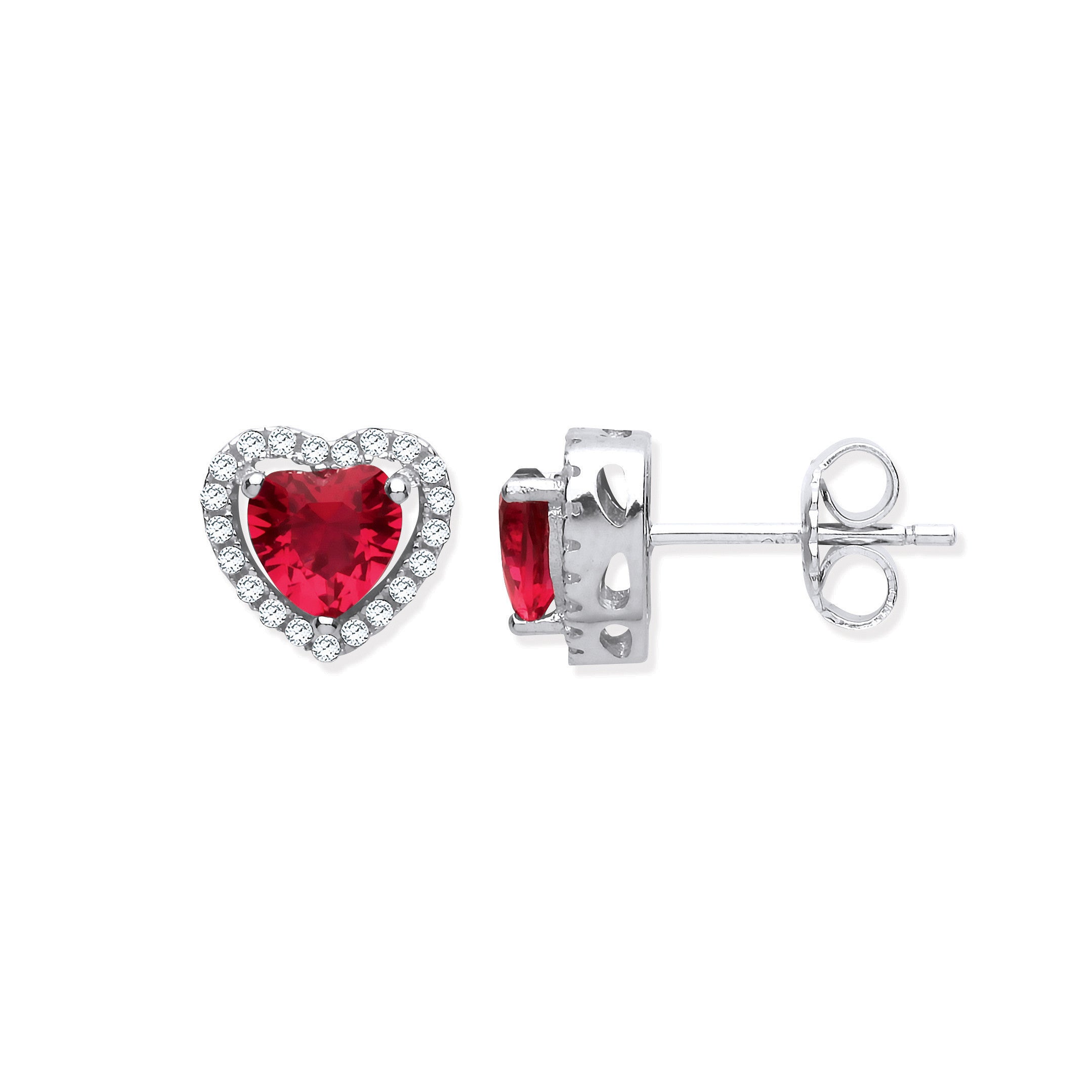 Silver Red Cubic Zirconia Halo Heart Stud Earrings - Silver