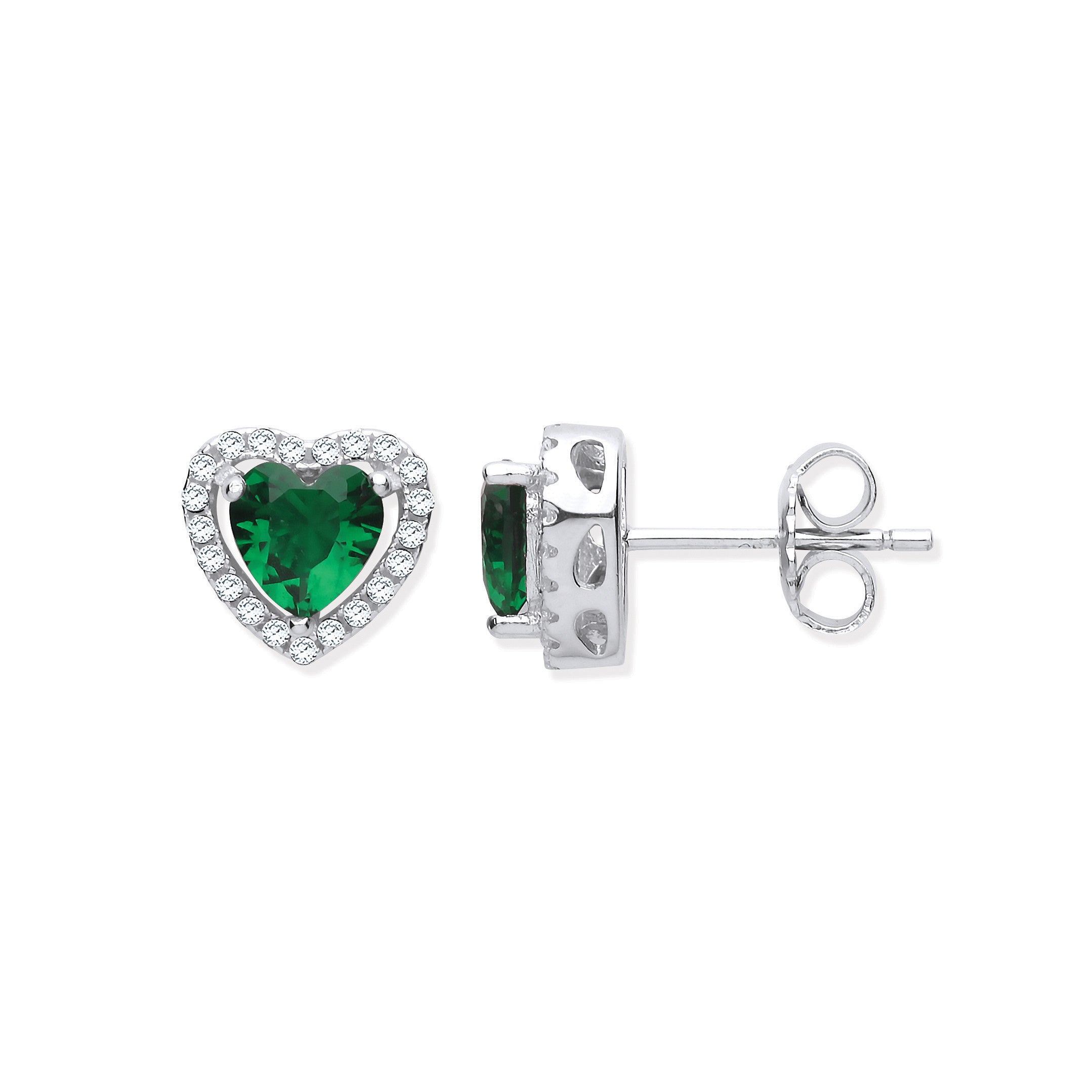 Silver Green Cubic Zirconia Halo Heart Stud Earrings - Silver