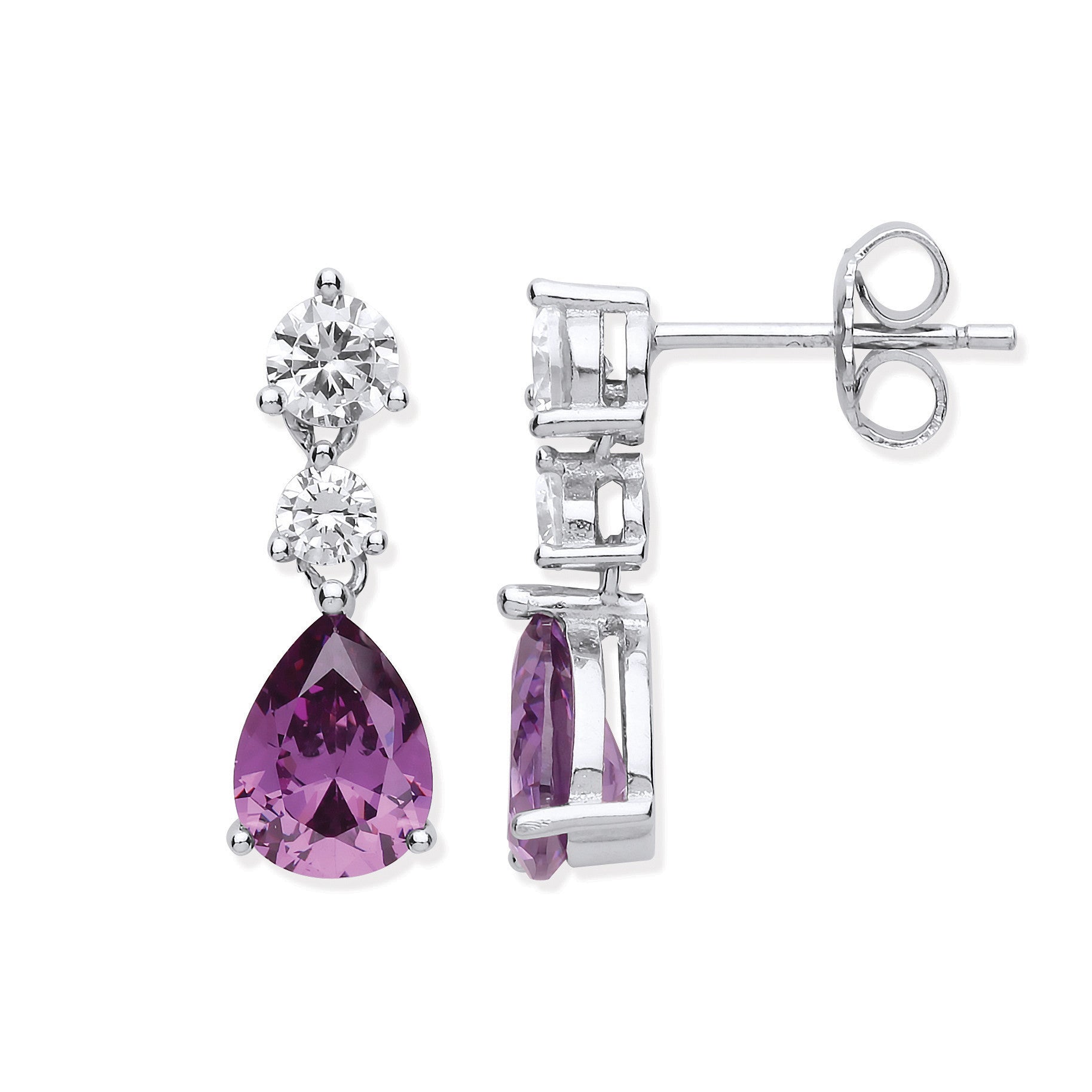 Silver Clear & Amethyst Colour Cubic Zirconias Drop Earrings - Silver