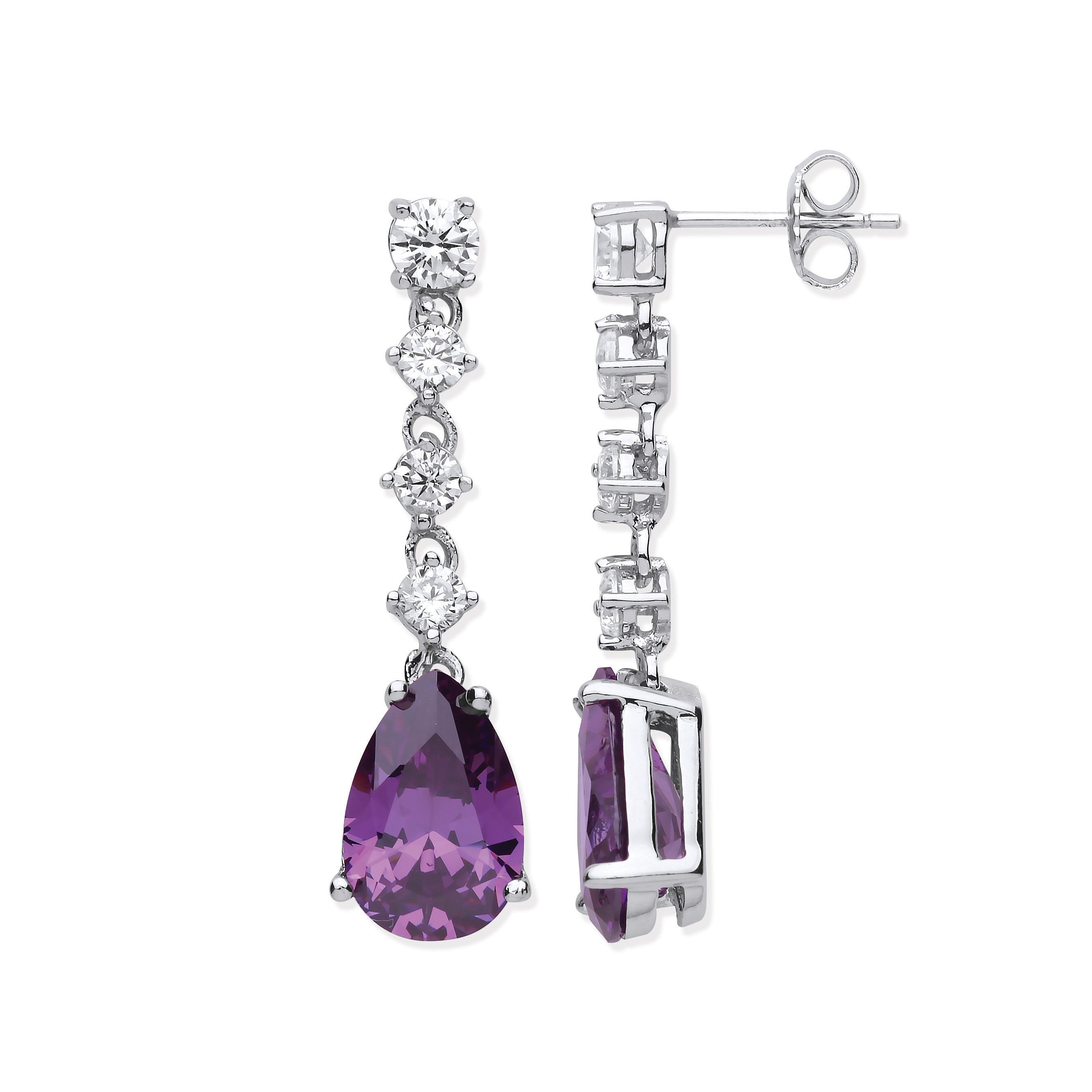 Silver Clear & Amethyst Colour Cubic Zirconias Long Drop Earrings - Silver