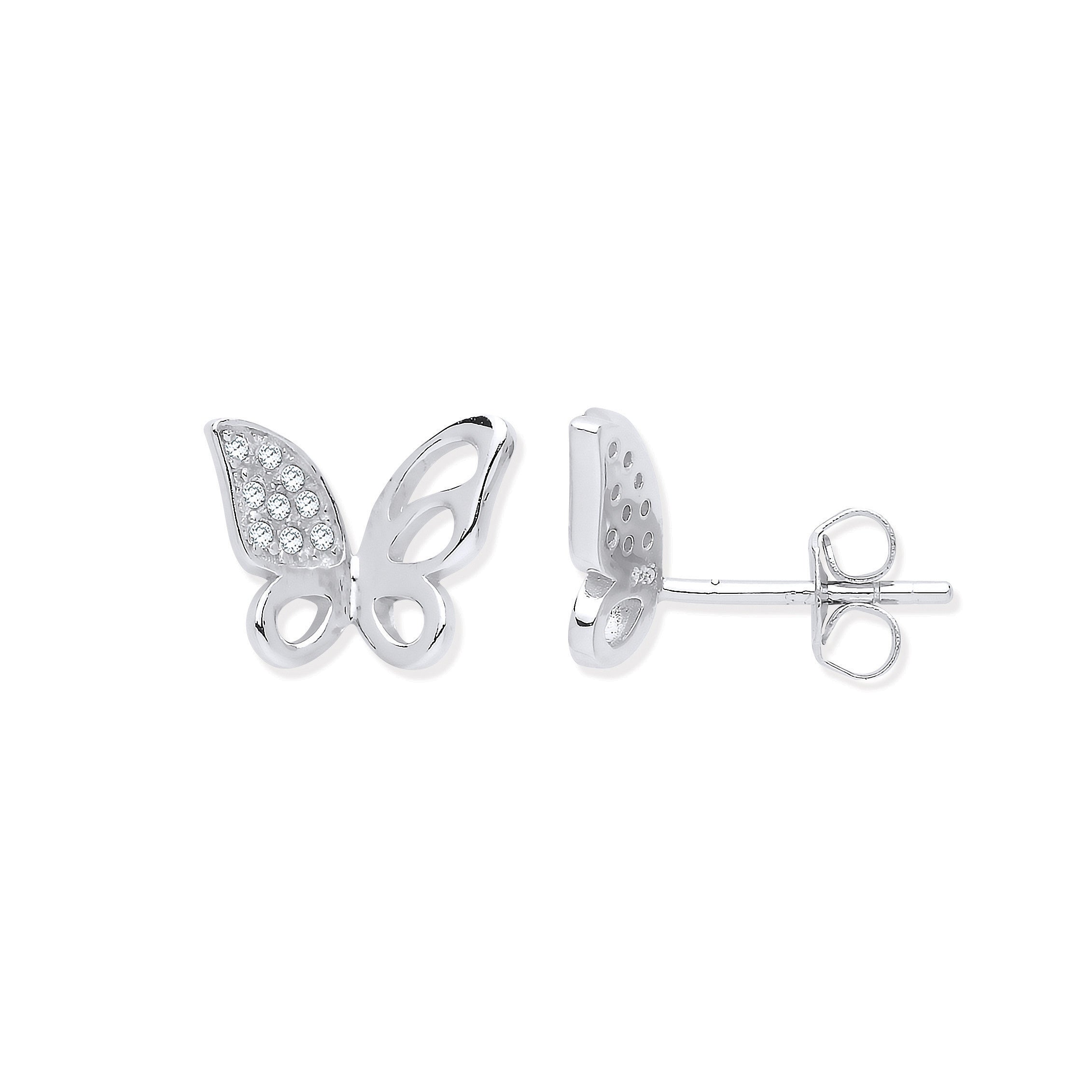Silver Cubic Zirconia Open Butterfly Stud Earrings - Silver