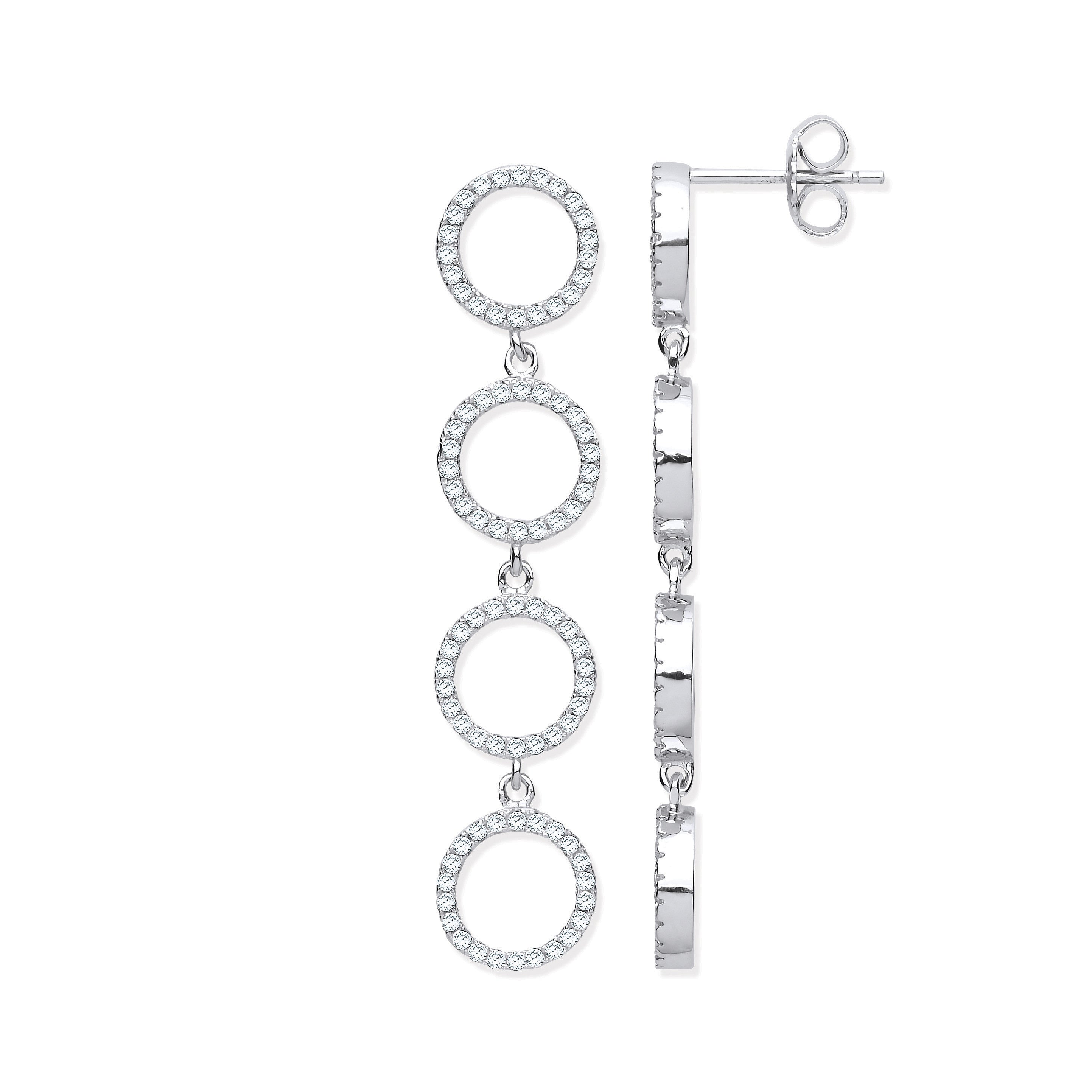 Silver Cubic Zirconia Circle of Life Long Drop Earrings - Silver