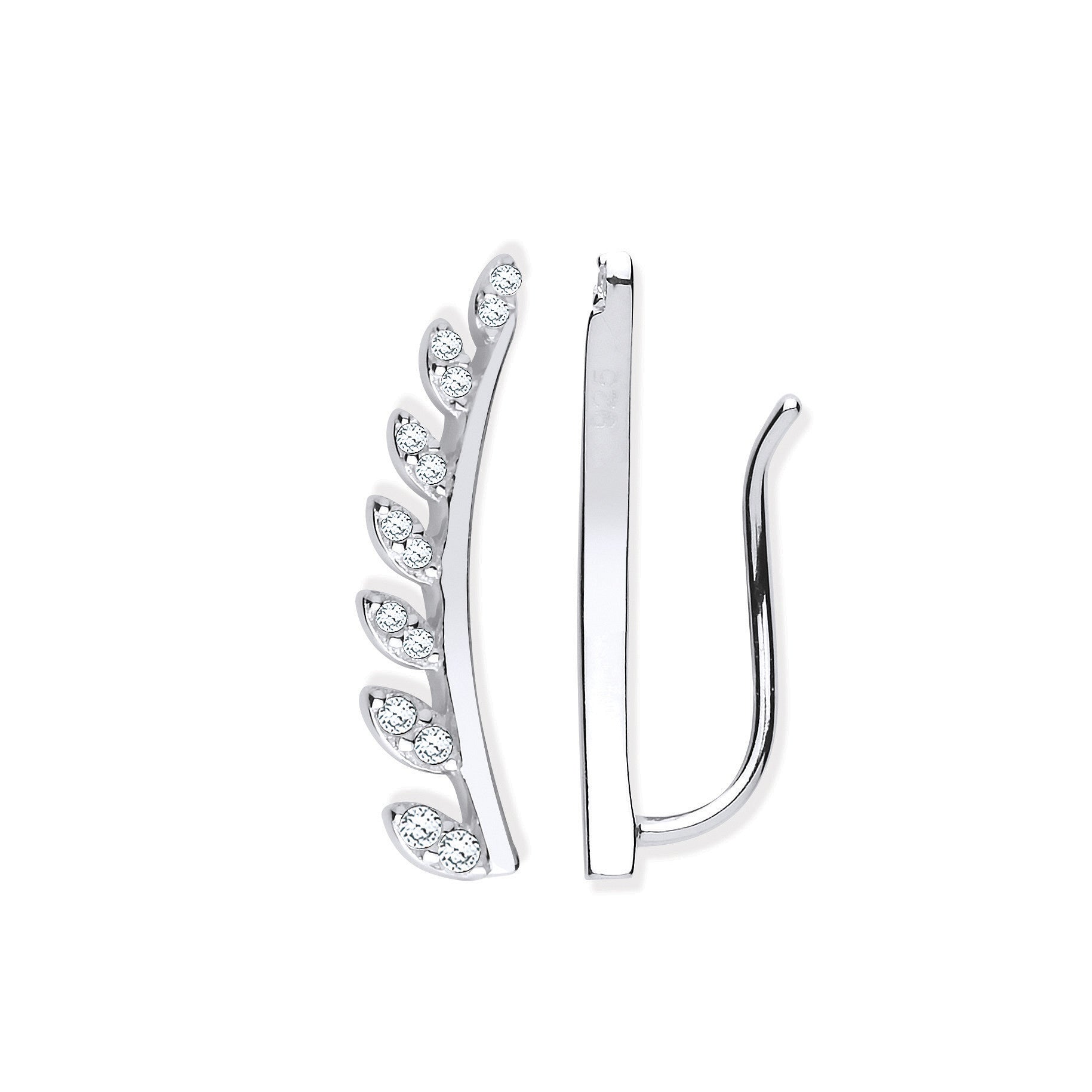 Silver Cubic Zirconia Half Leaf Earcuff, Crawler, Earrings - Silver