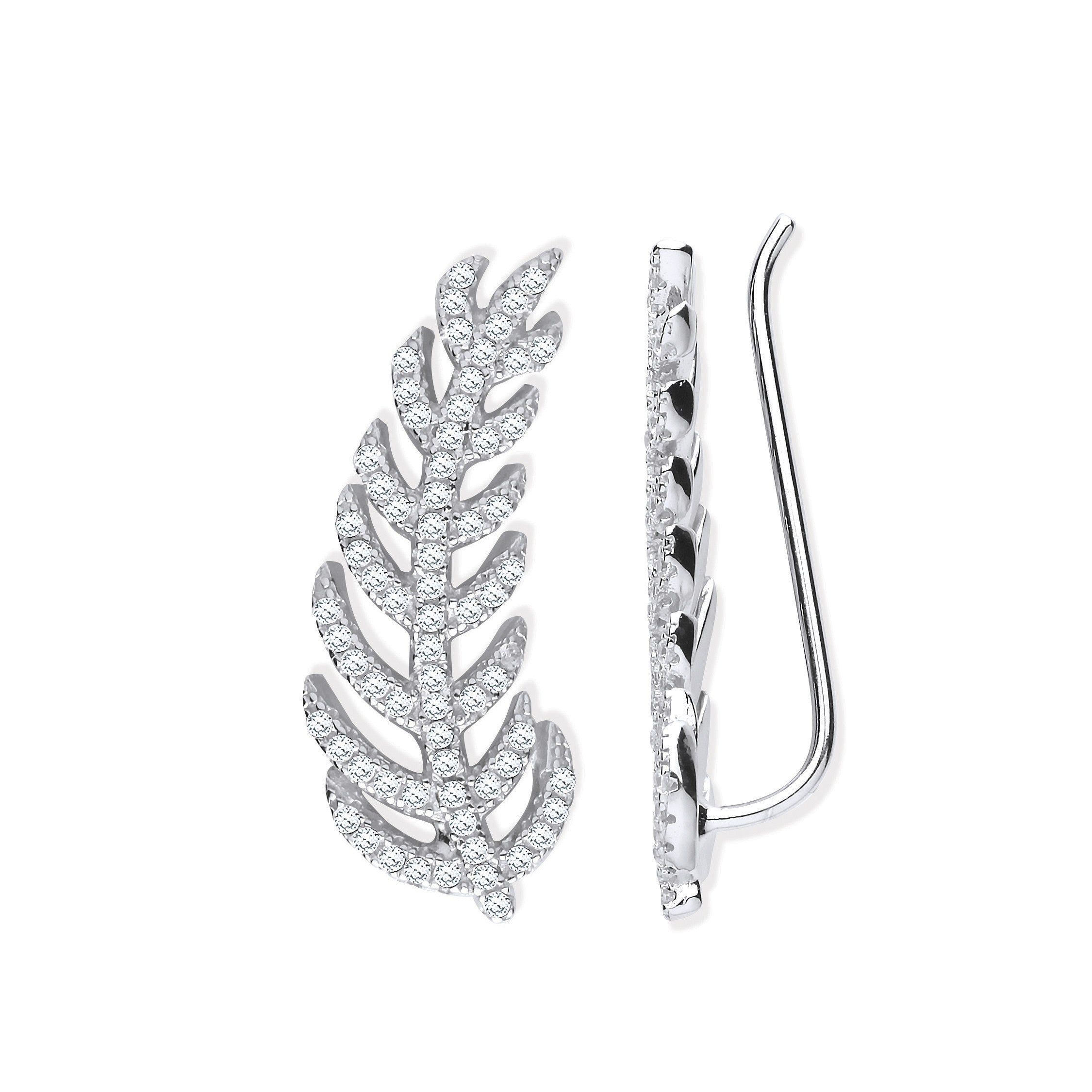 Silver Cubic Zirconia Barley Leaf Earcuff, Crawler, Earrings - Silver