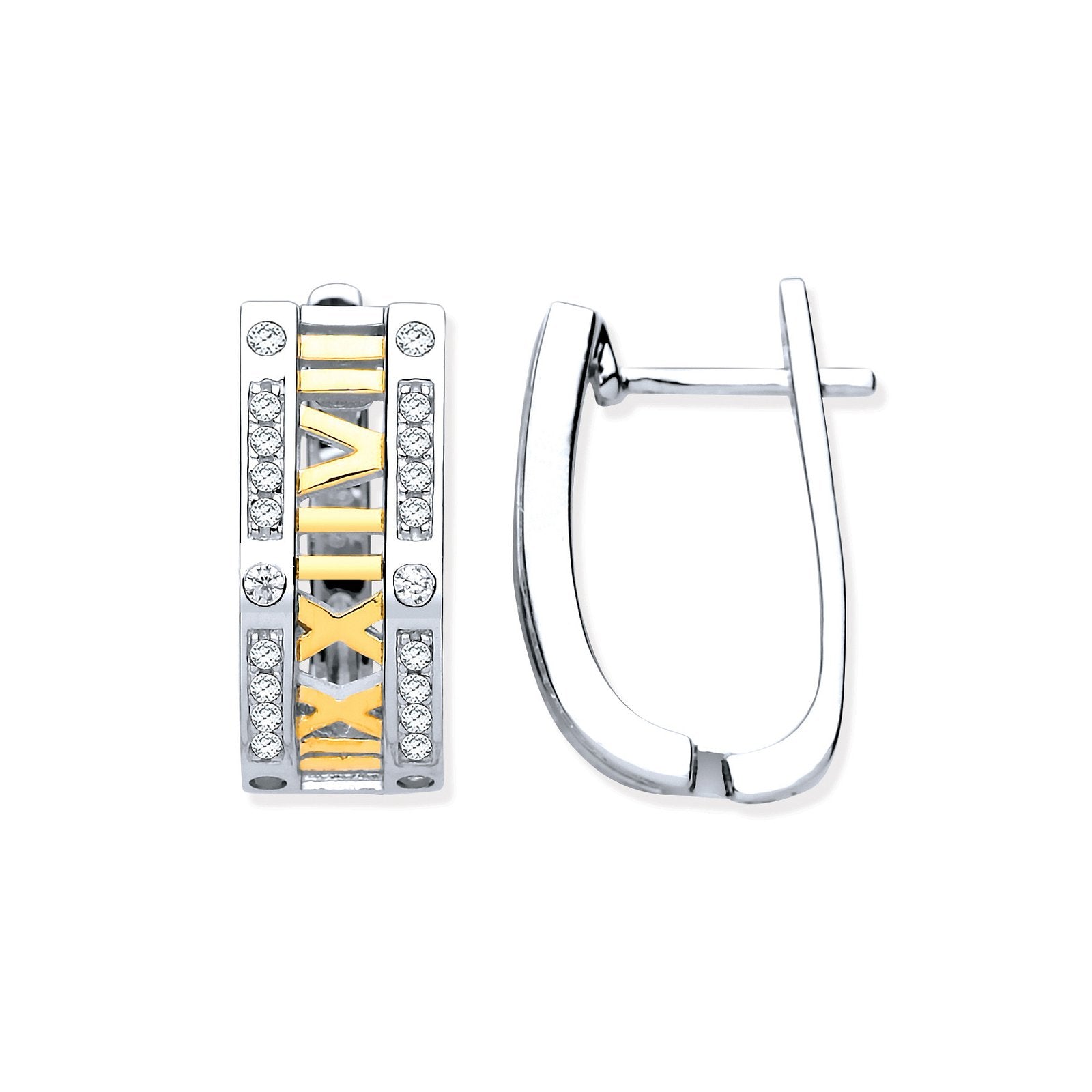 Silver with YG Plated Roman Numeral Hoop CZ Earrings